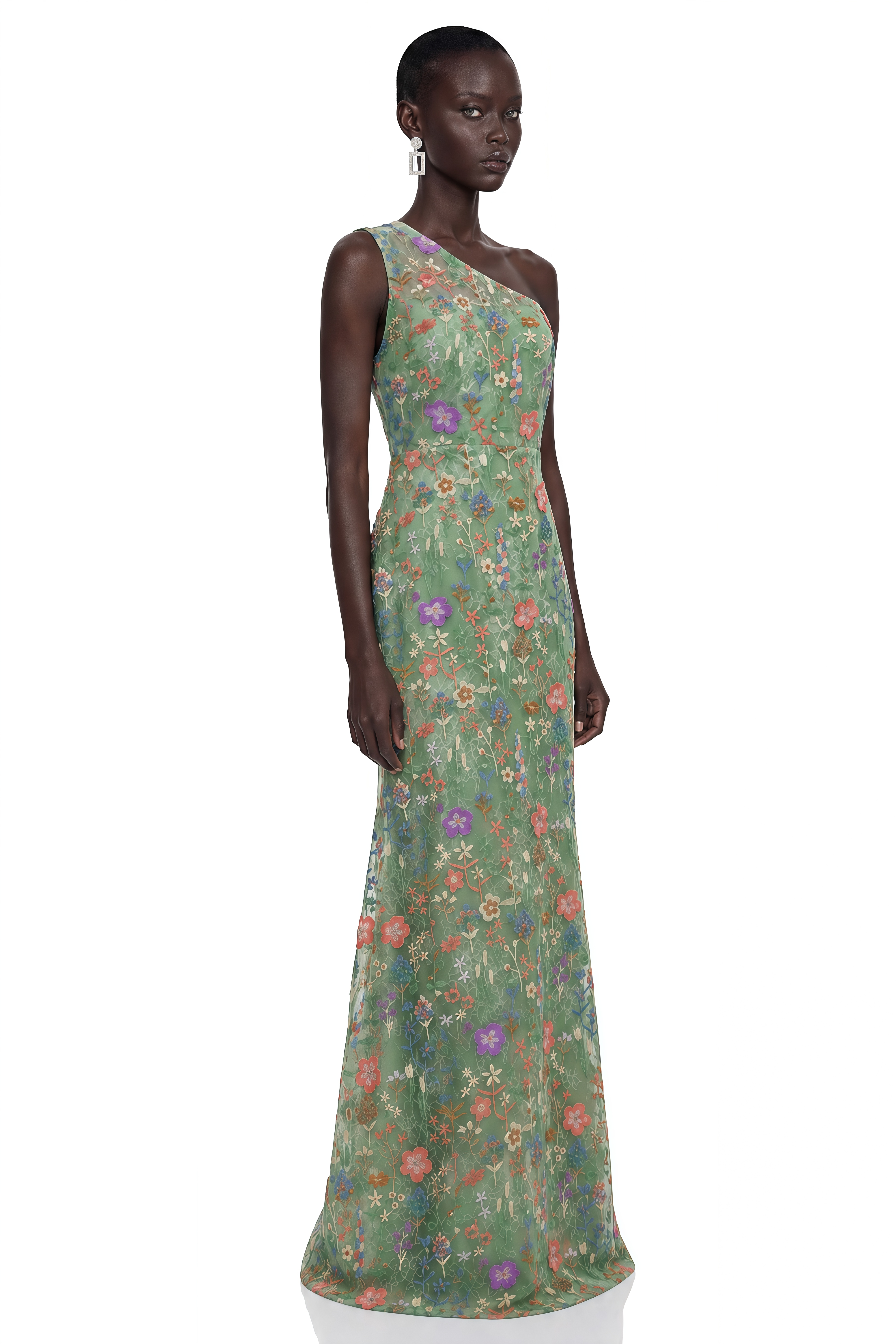 Gwyneira Green Floral One-Shoulder Maxi Dress