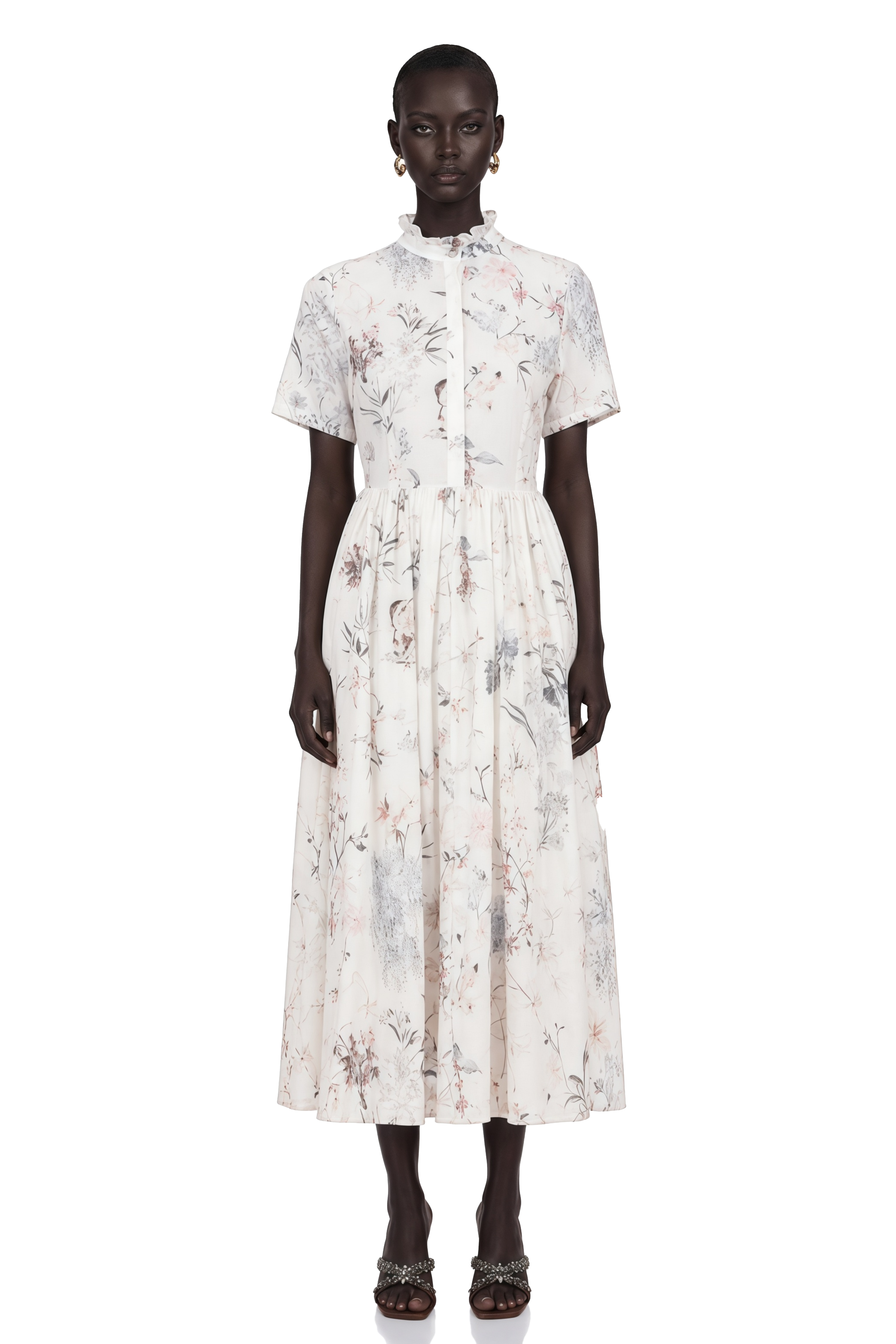 Héloïse White Floral Print Summer Midi Dress