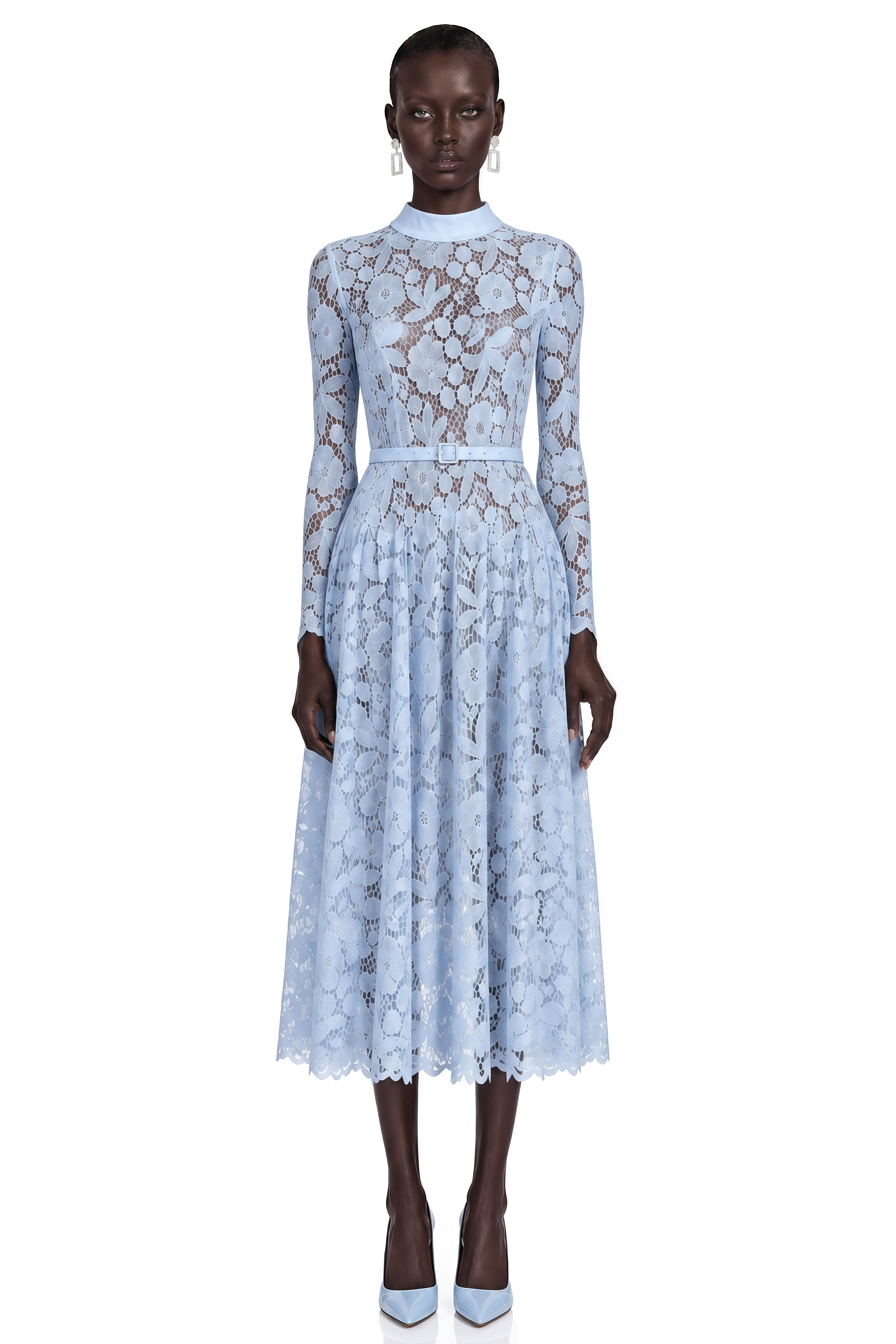 Hadlee Blue Lace Long Sleeve Belted Midi Dress