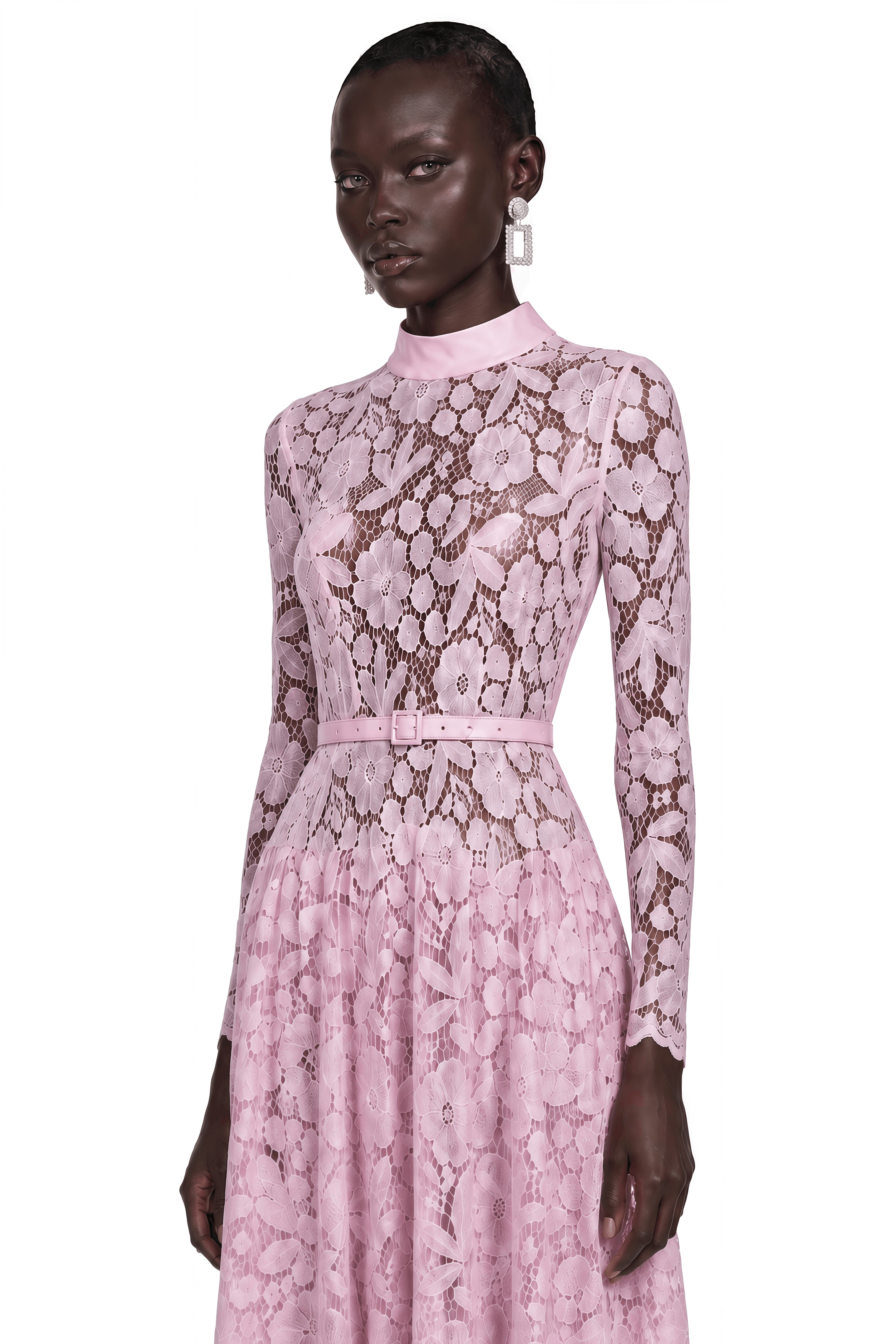 Hadlee Pink Lace Long Sleeve Belted Midi Dress