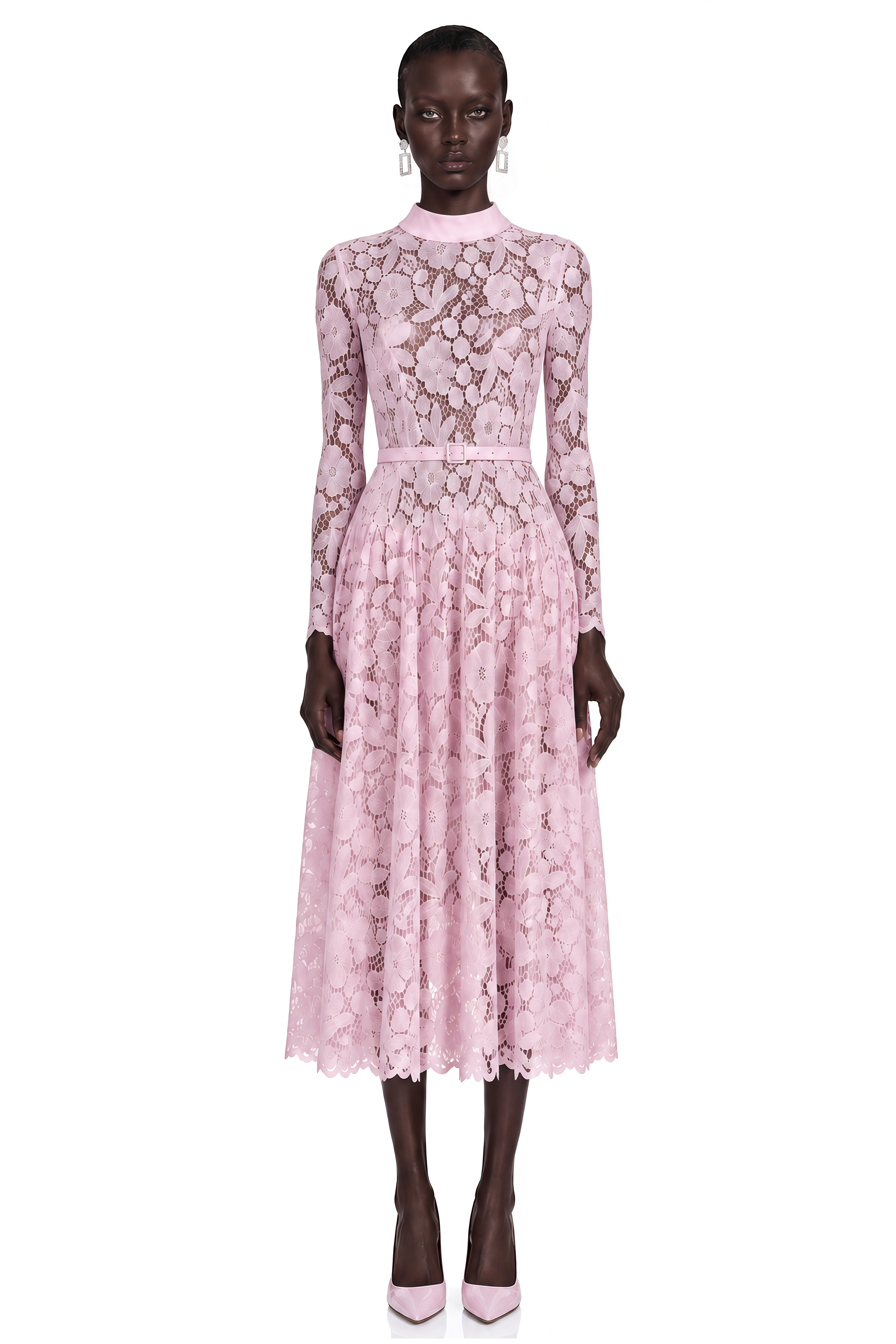 Hadlee Pink Lace Long Sleeve Belted Midi Dress