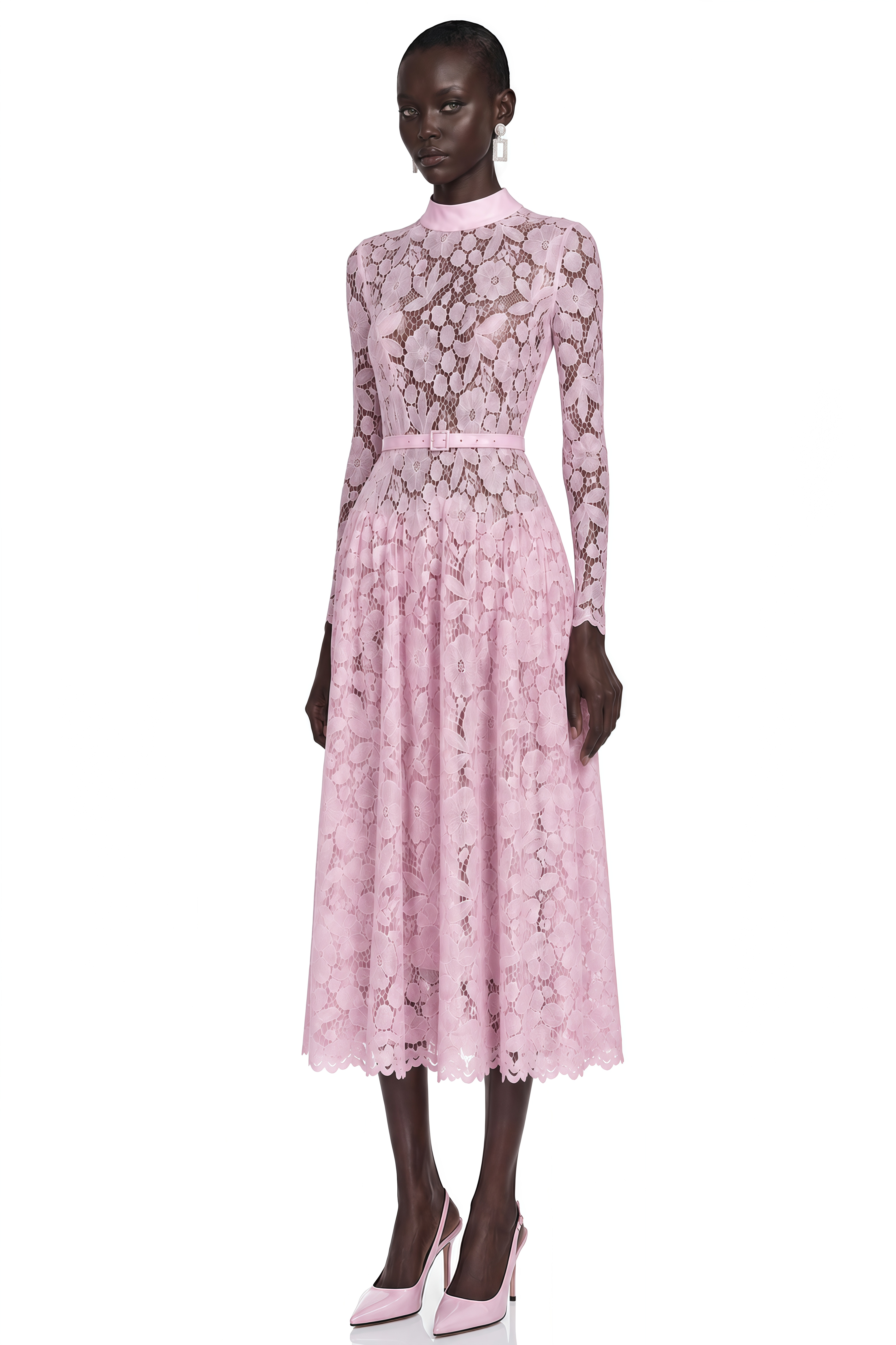 Hadlee Pink Lace Long Sleeve Belted Midi Dress