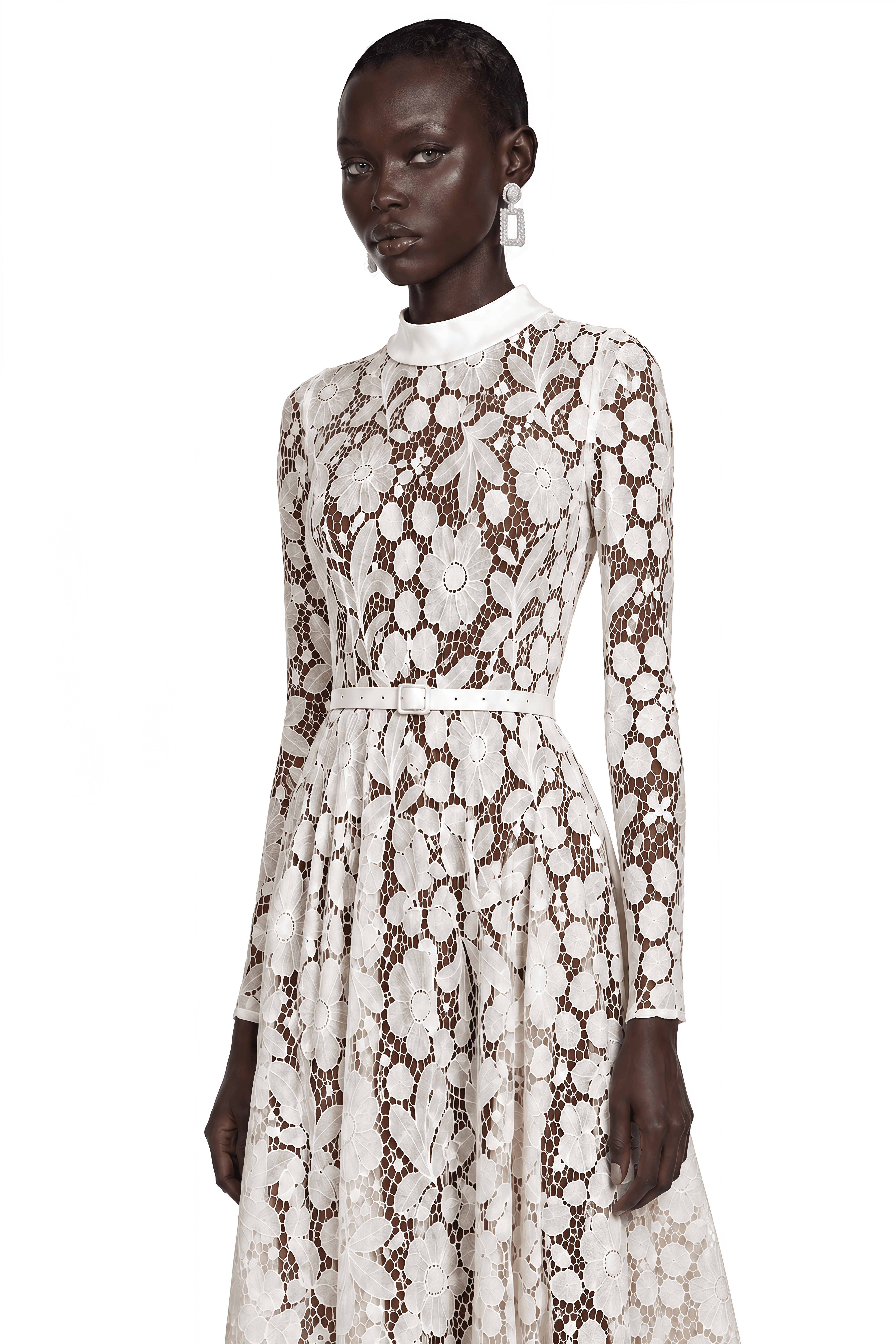 Hadlee White Lace Long Sleeve Belted Midi Dress