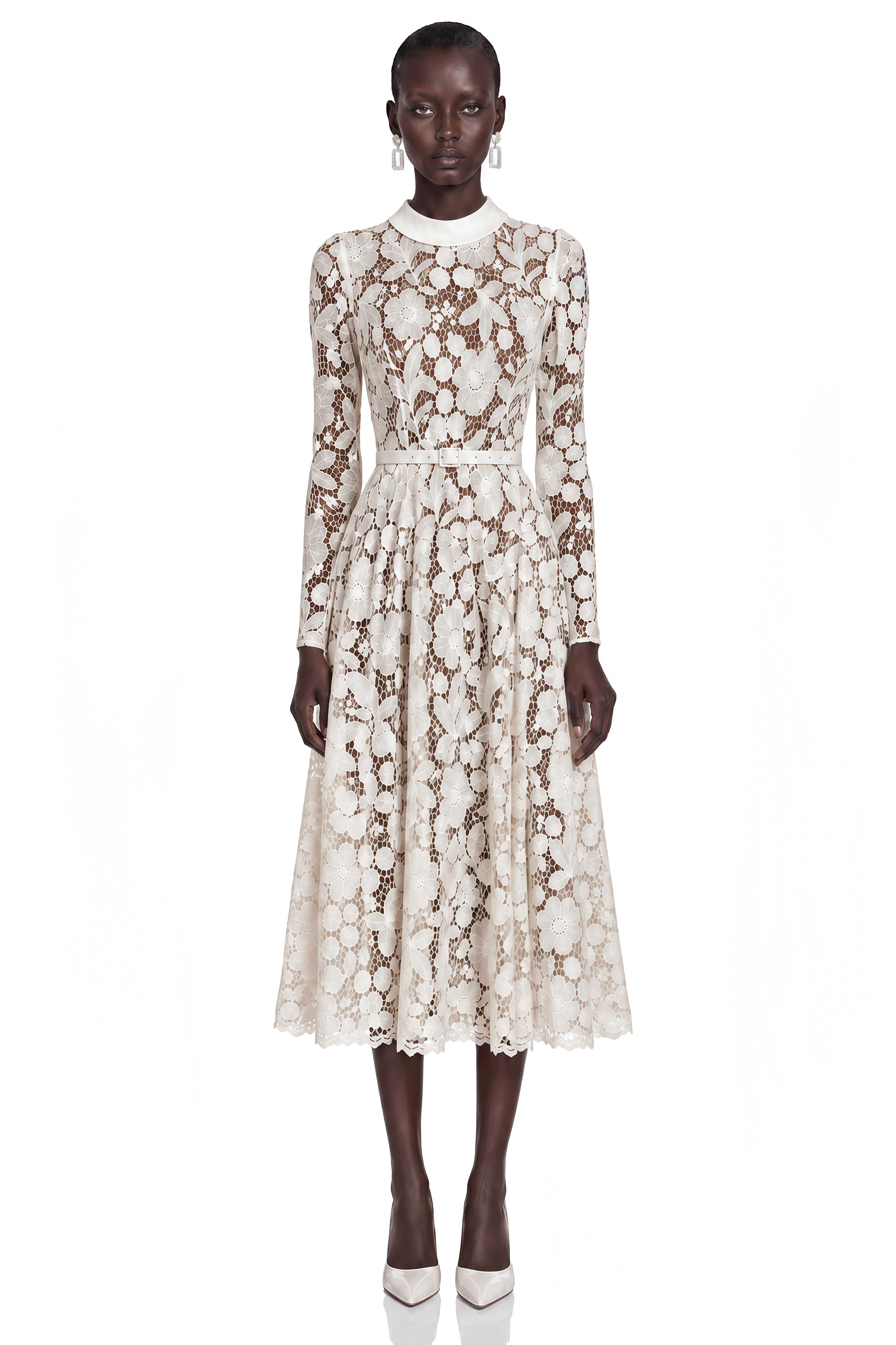 Hadlee White Lace Long Sleeve Belted Midi Dress