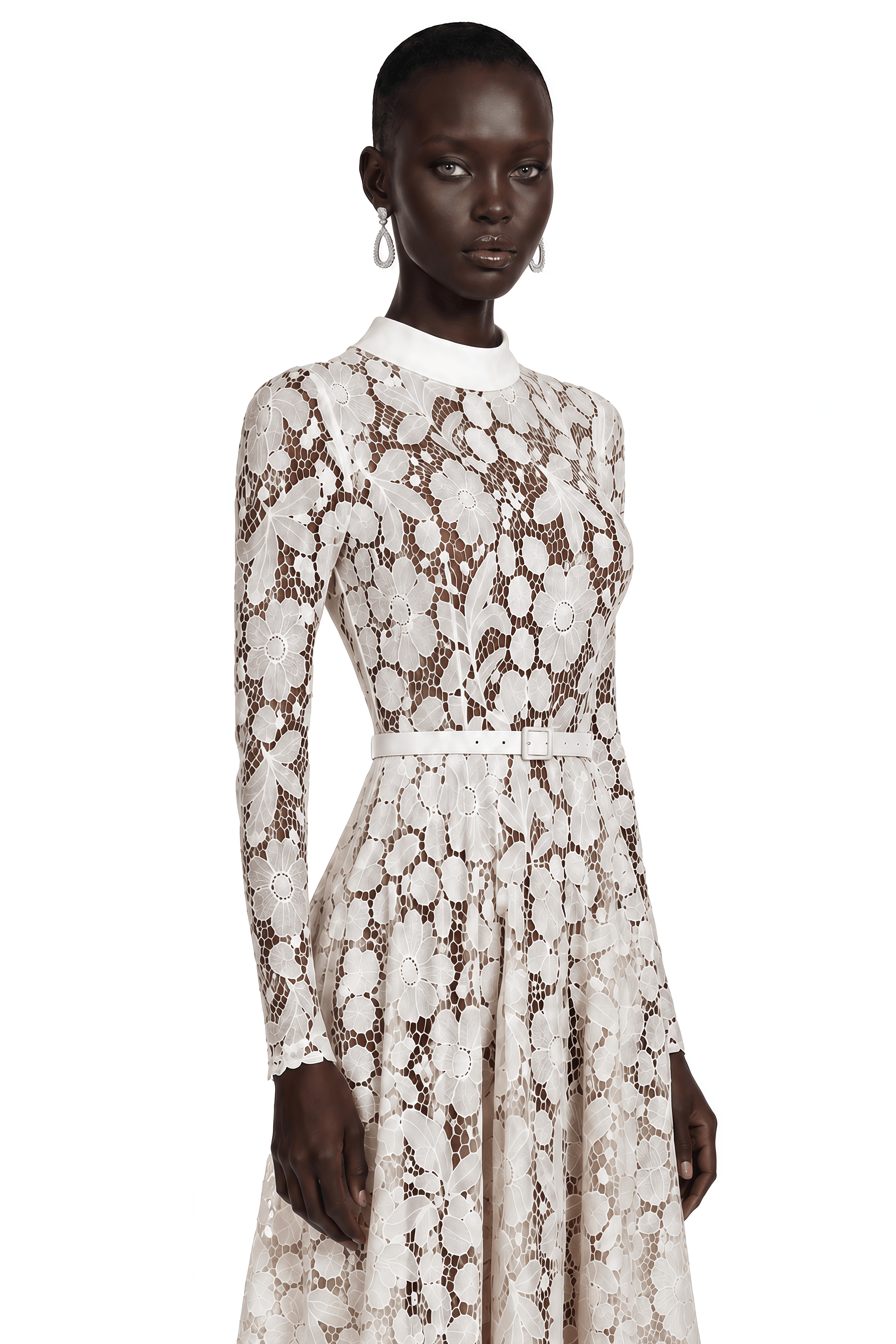 Hadlee White Lace Long Sleeve Belted Midi Dress