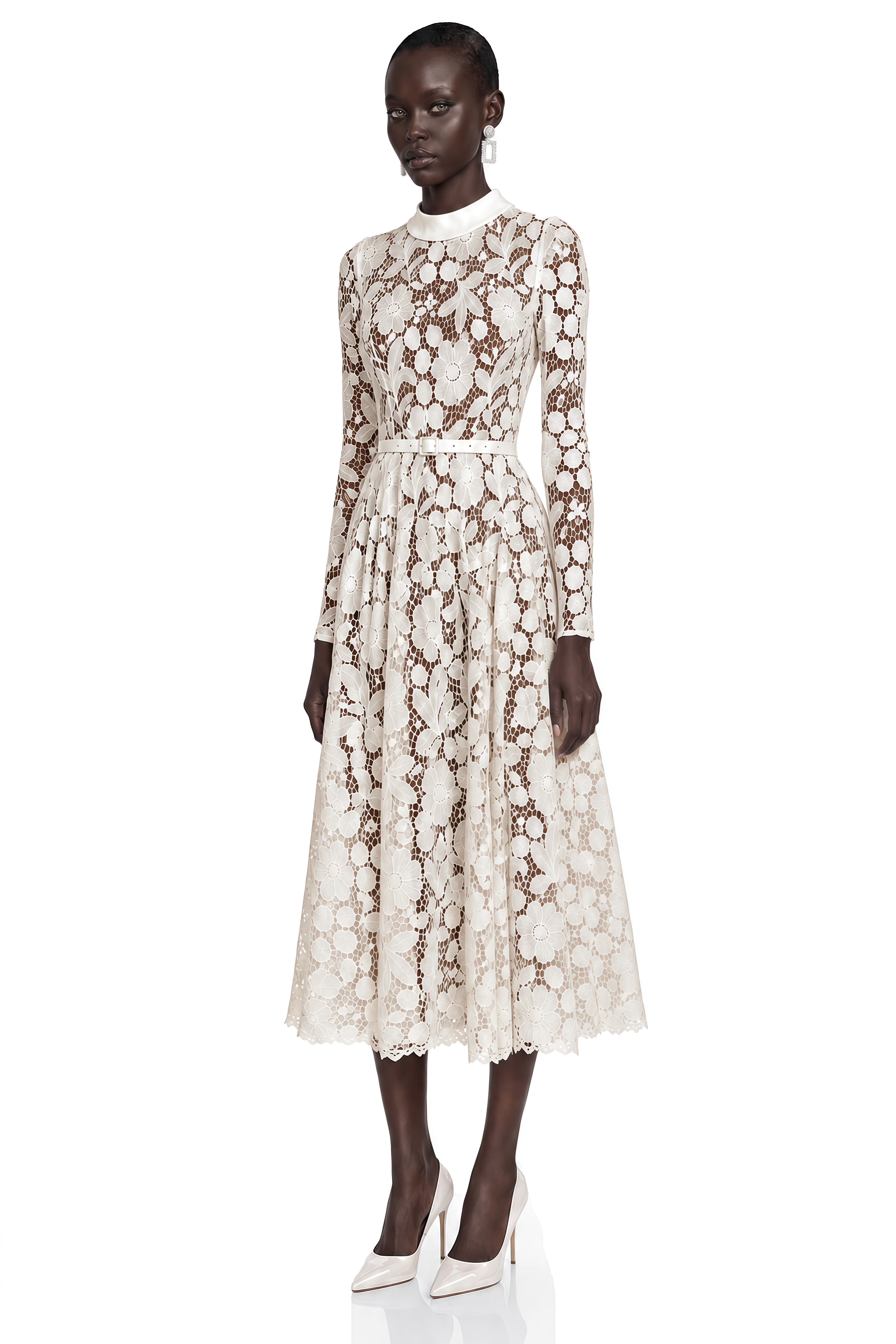 Hadlee White Lace Long Sleeve Belted Midi Dress