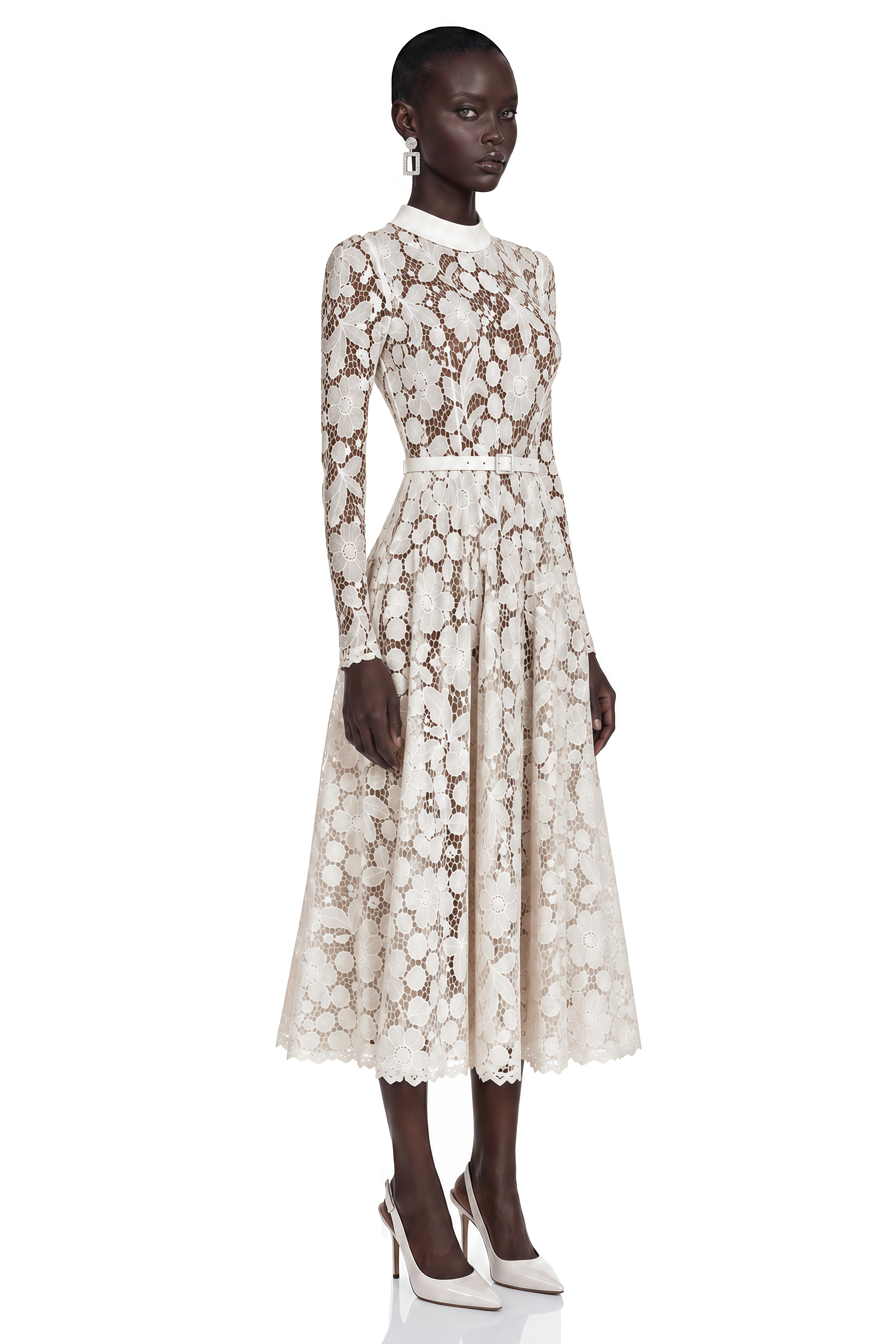 Hadlee White Lace Long Sleeve Belted Midi Dress
