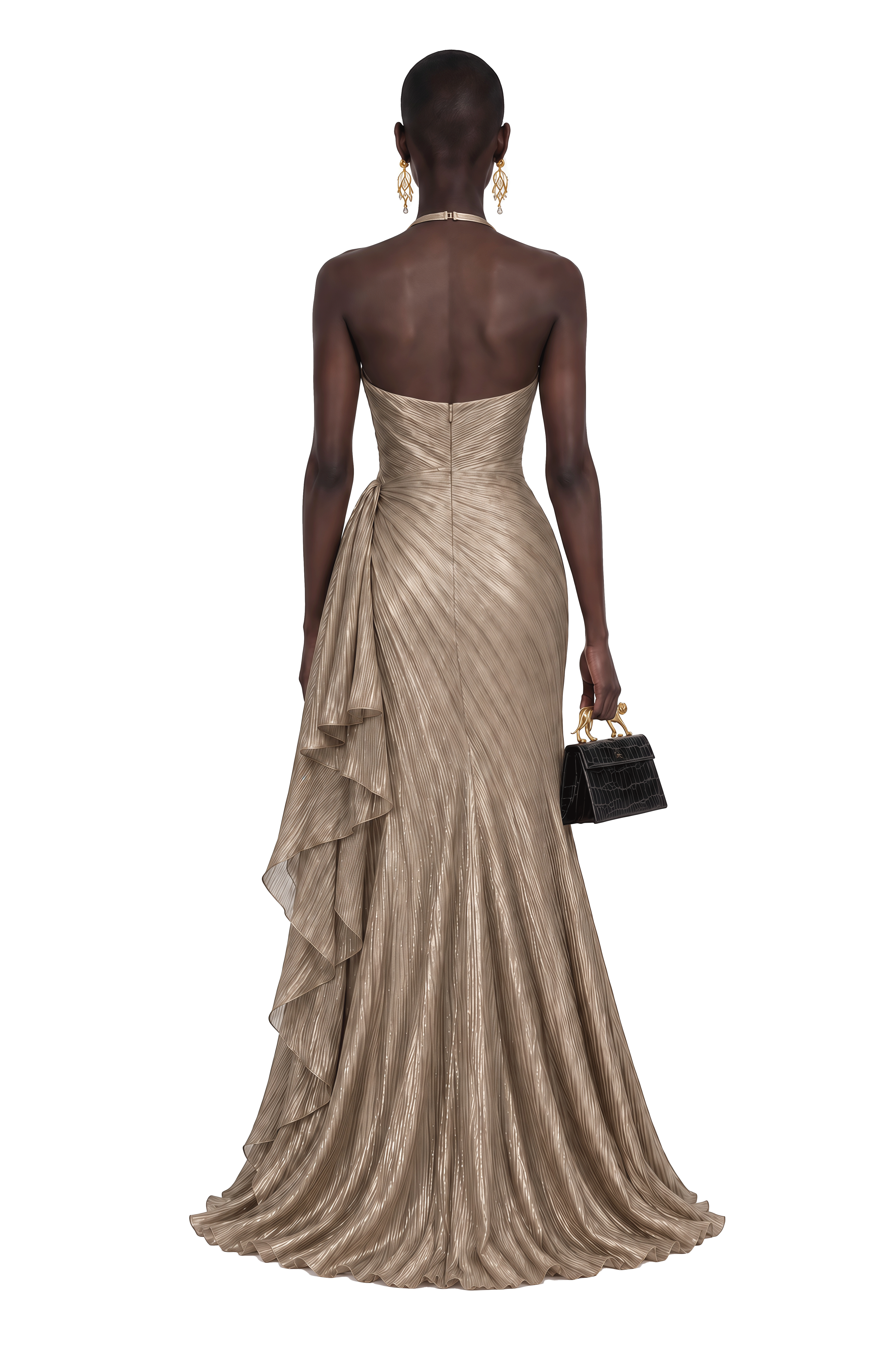 Hadley Champagne Gold Pleated Halterneck Maxi Dress