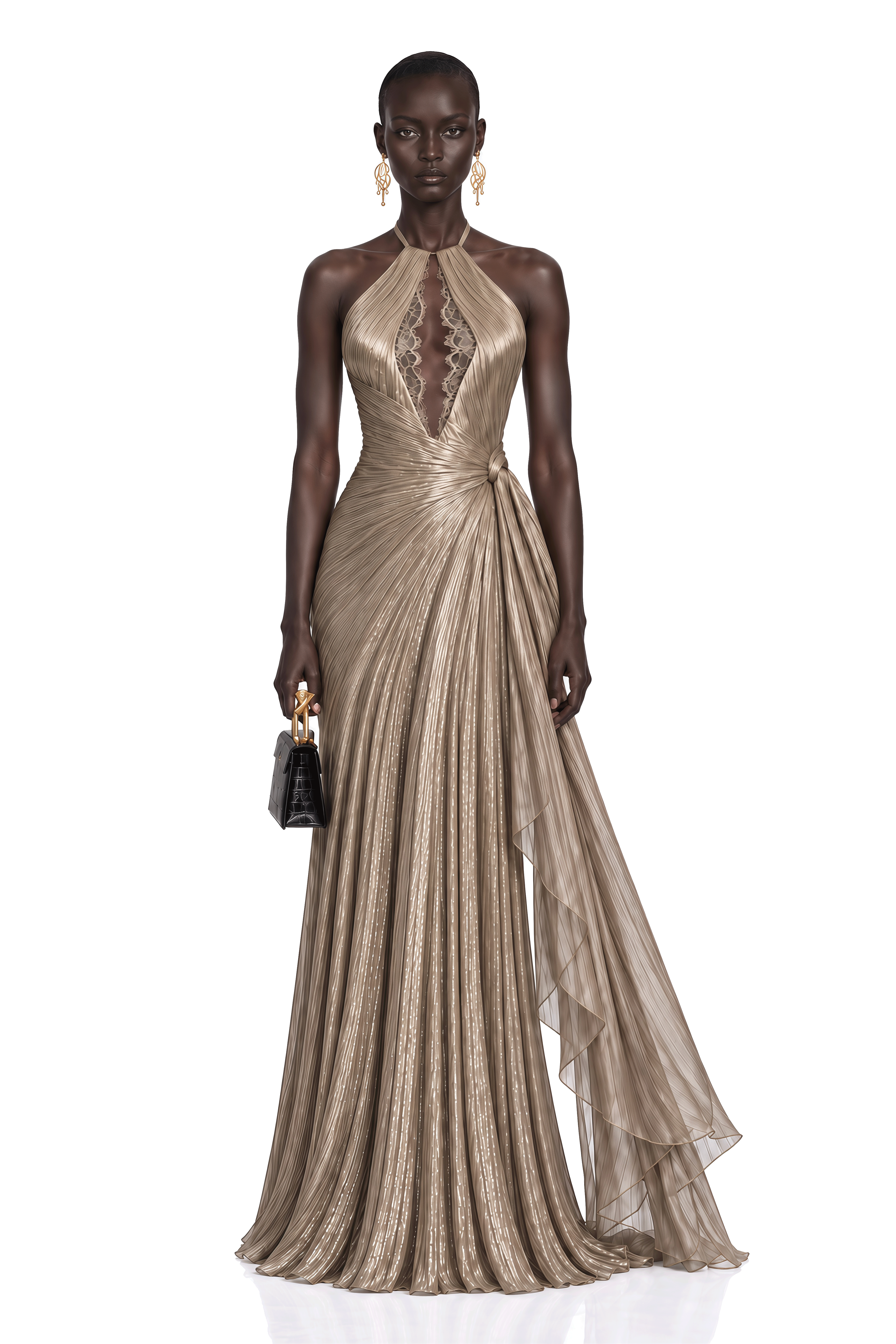 Hadley Champagne Gold Pleated Halterneck Maxi Dress
