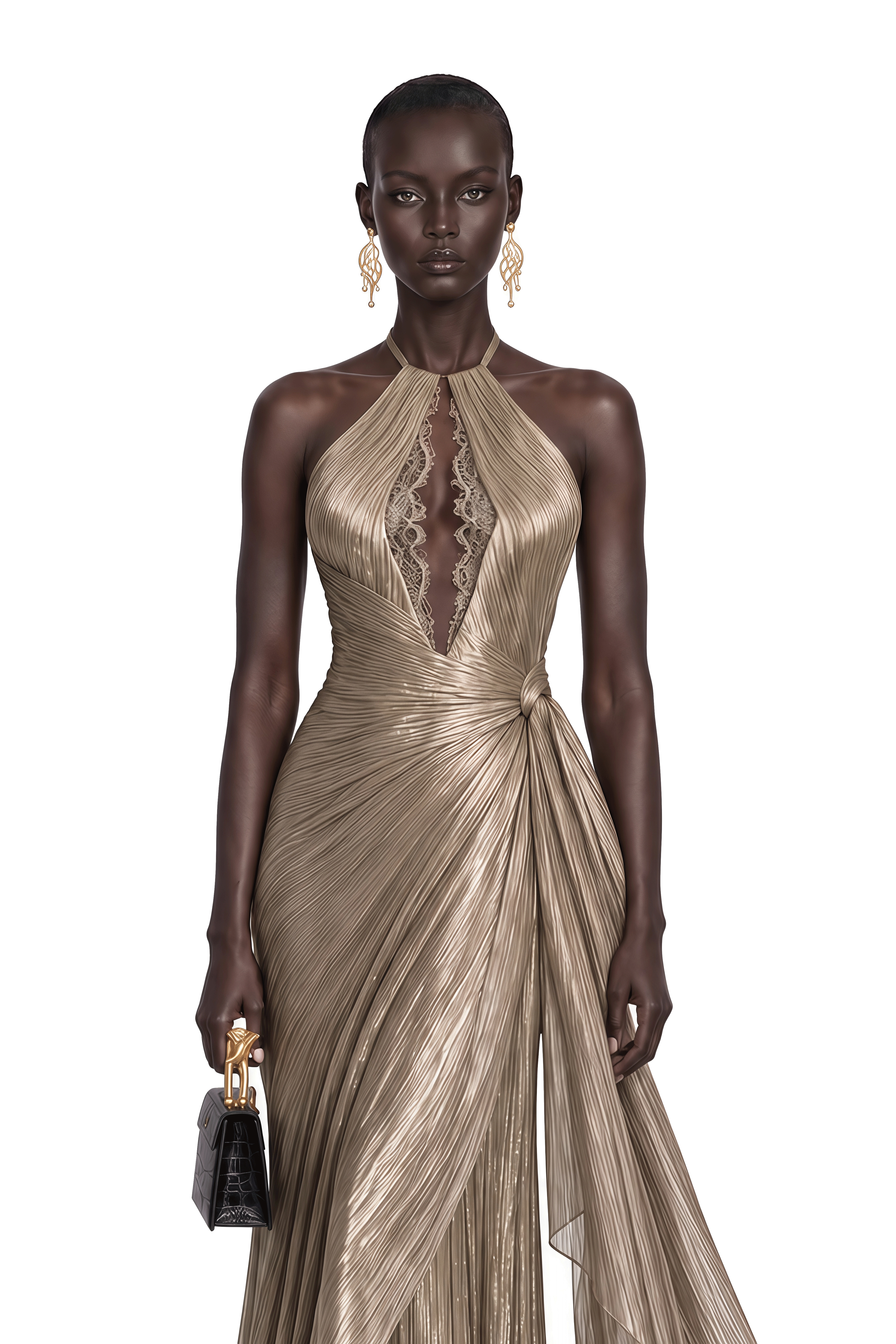 Hadley Champagne Gold Pleated Halterneck Maxi Dress