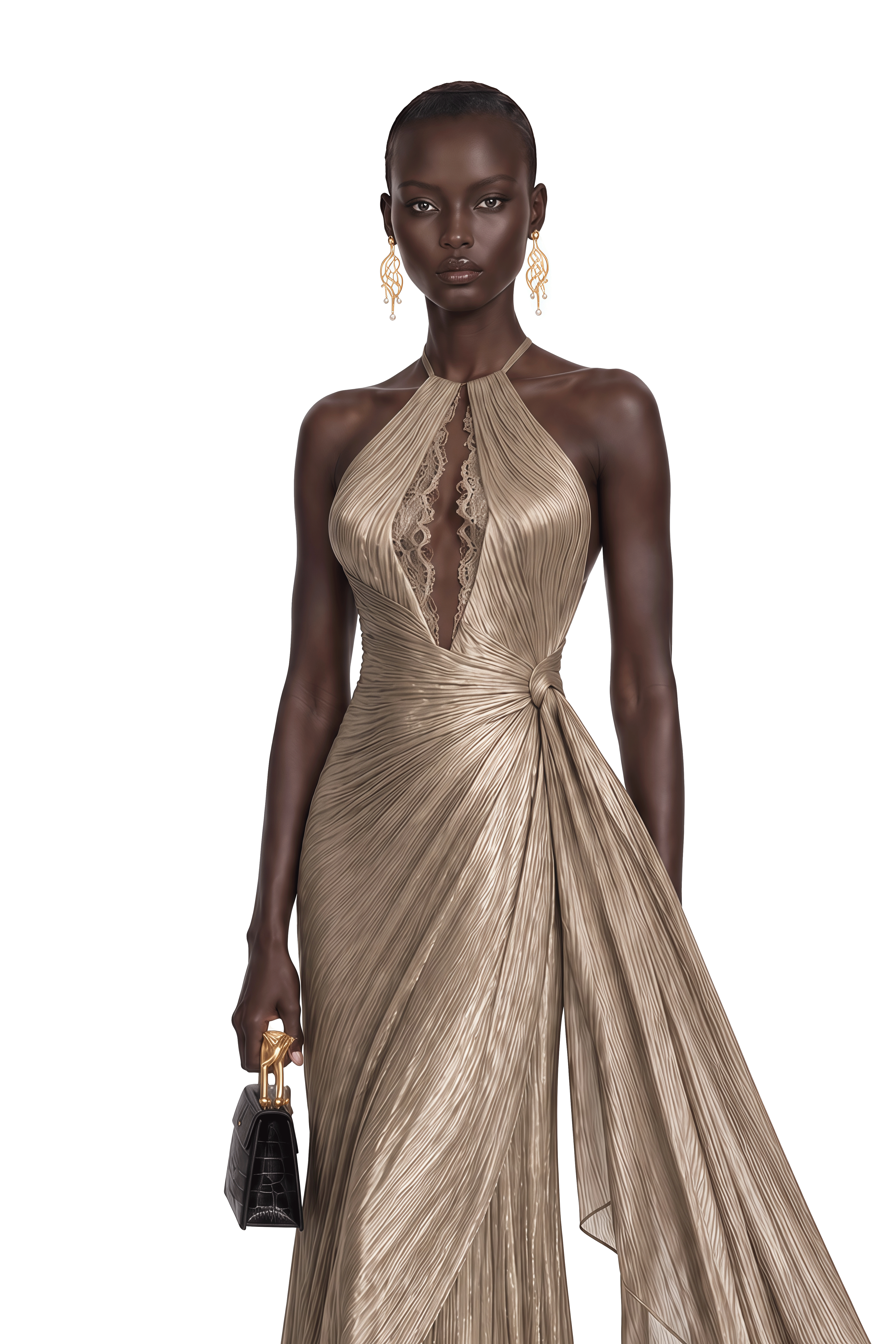Hadley Champagne Gold Pleated Halterneck Maxi Dress