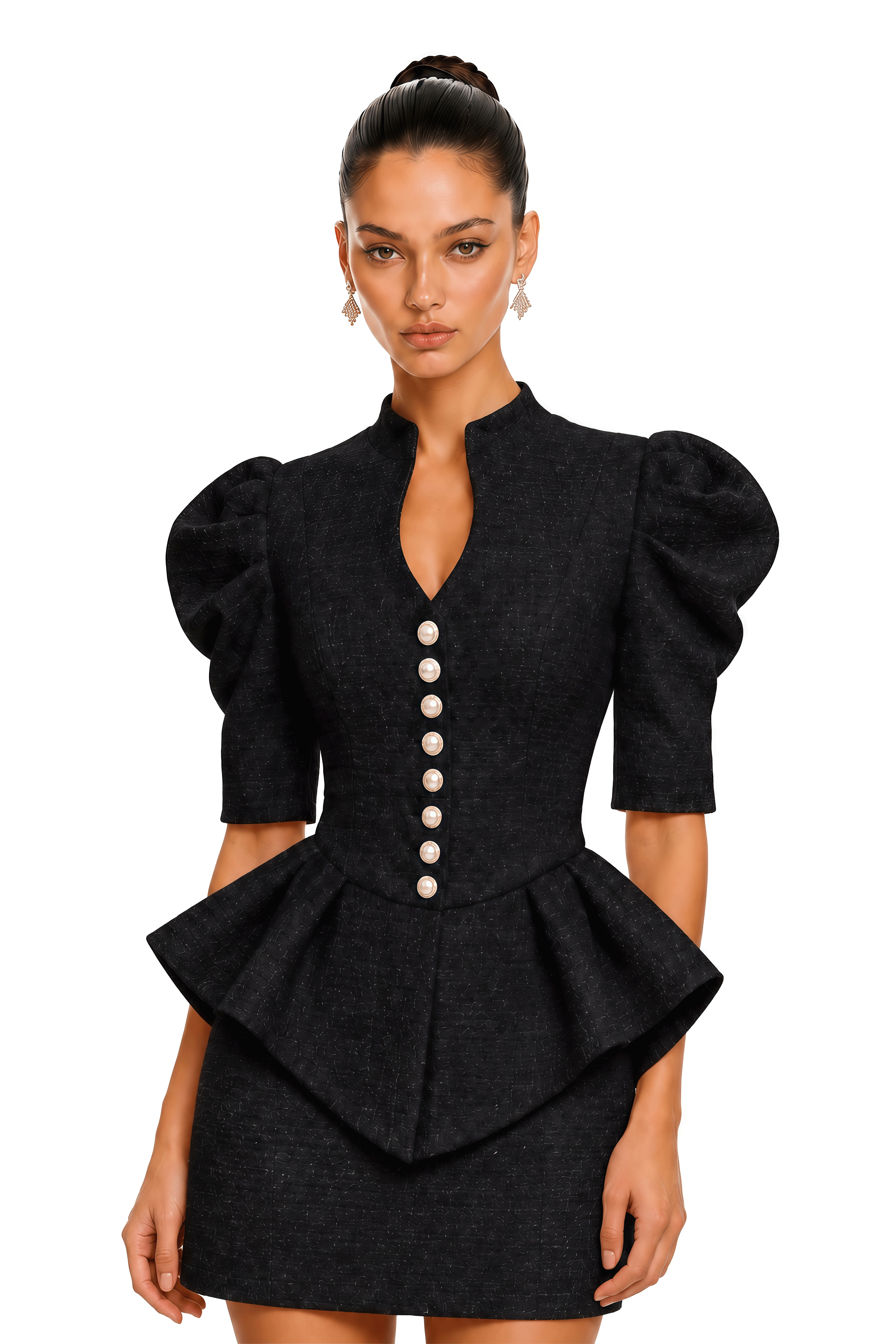 Hana Black Puff Sleeve Peplum Jacket & Mini Skirt Set