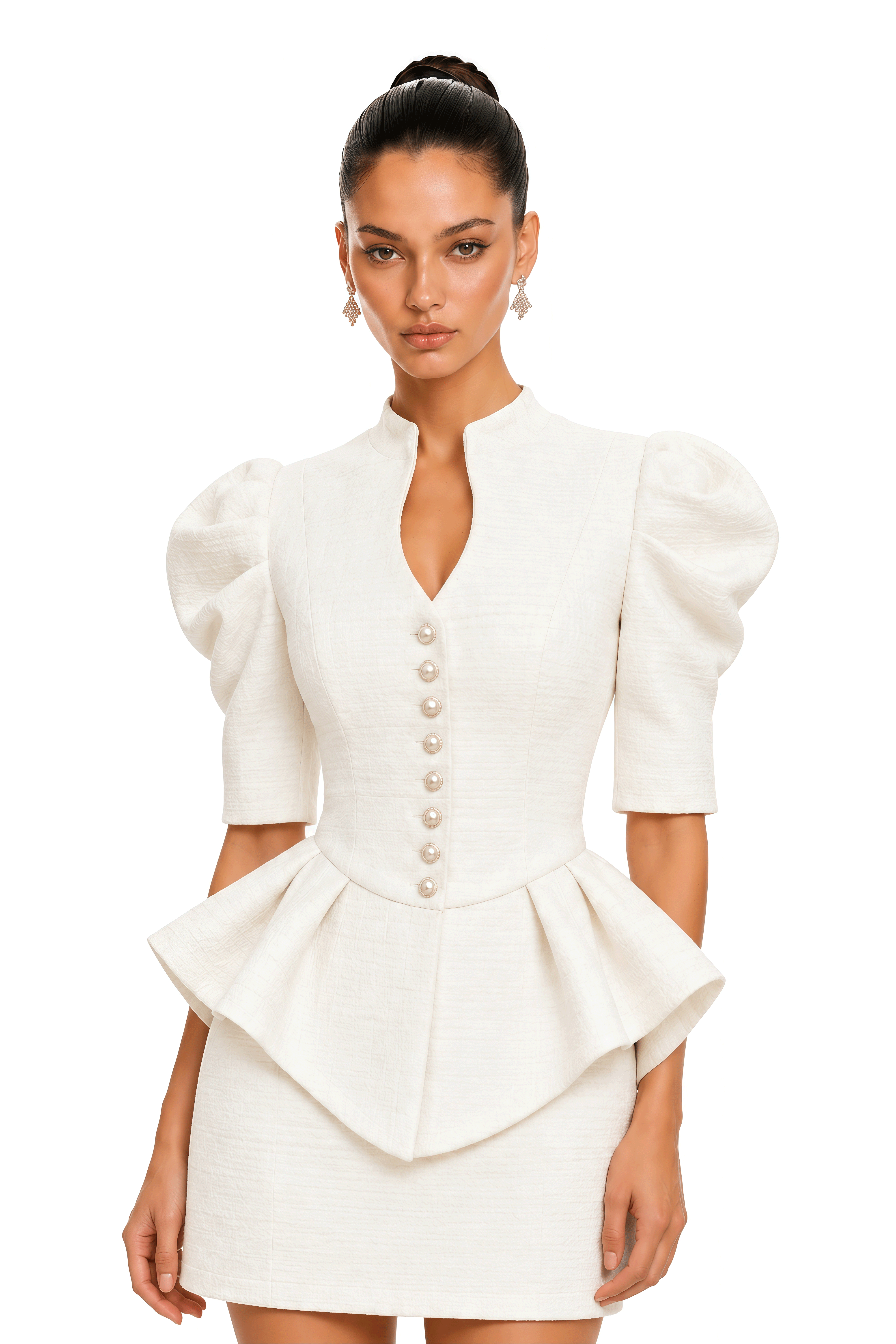Hana White Puff Sleeve Peplum Jacket & Mini Skirt Set
