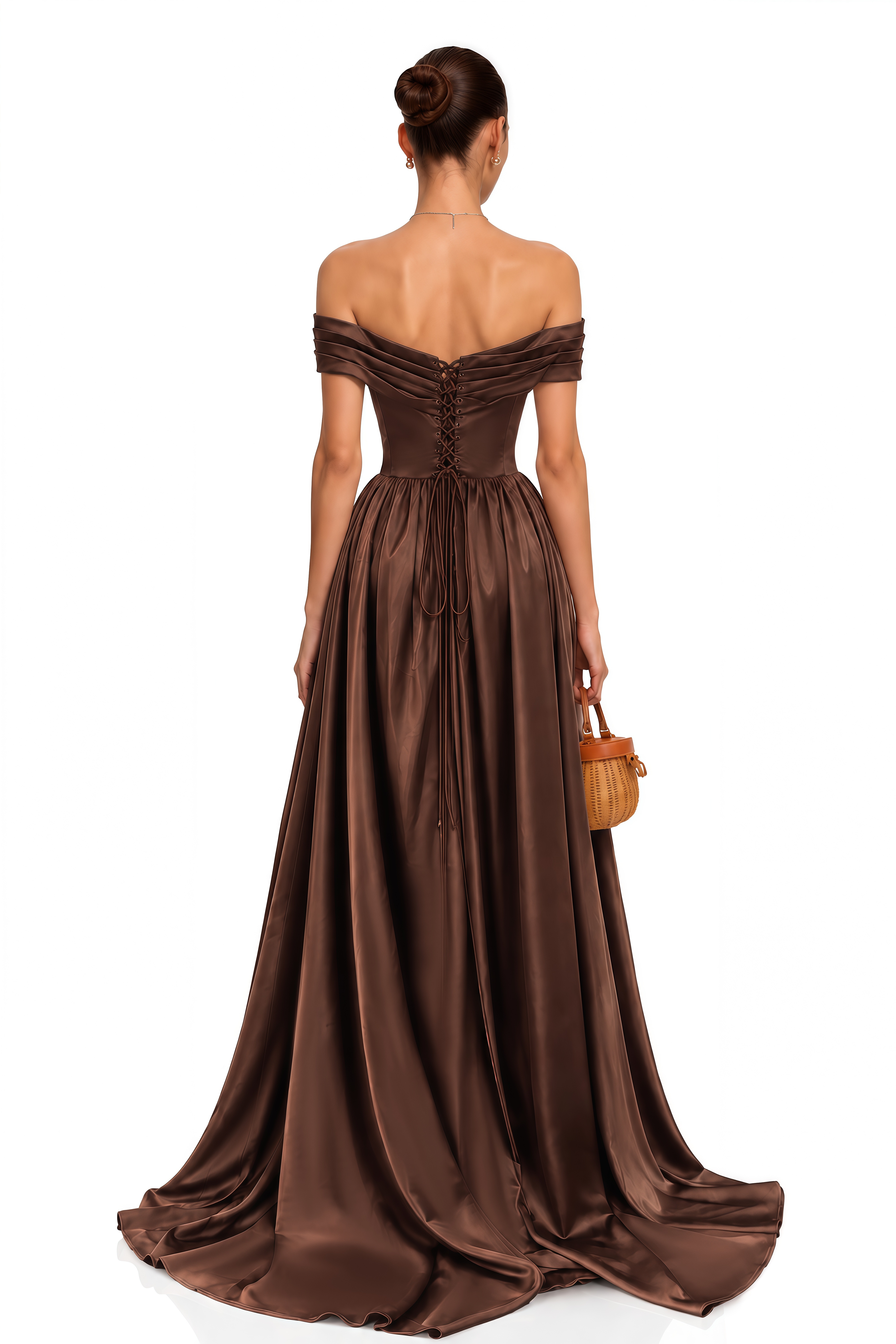 Harlow Brown Off Shoulder Draped Satin Maxi Dress