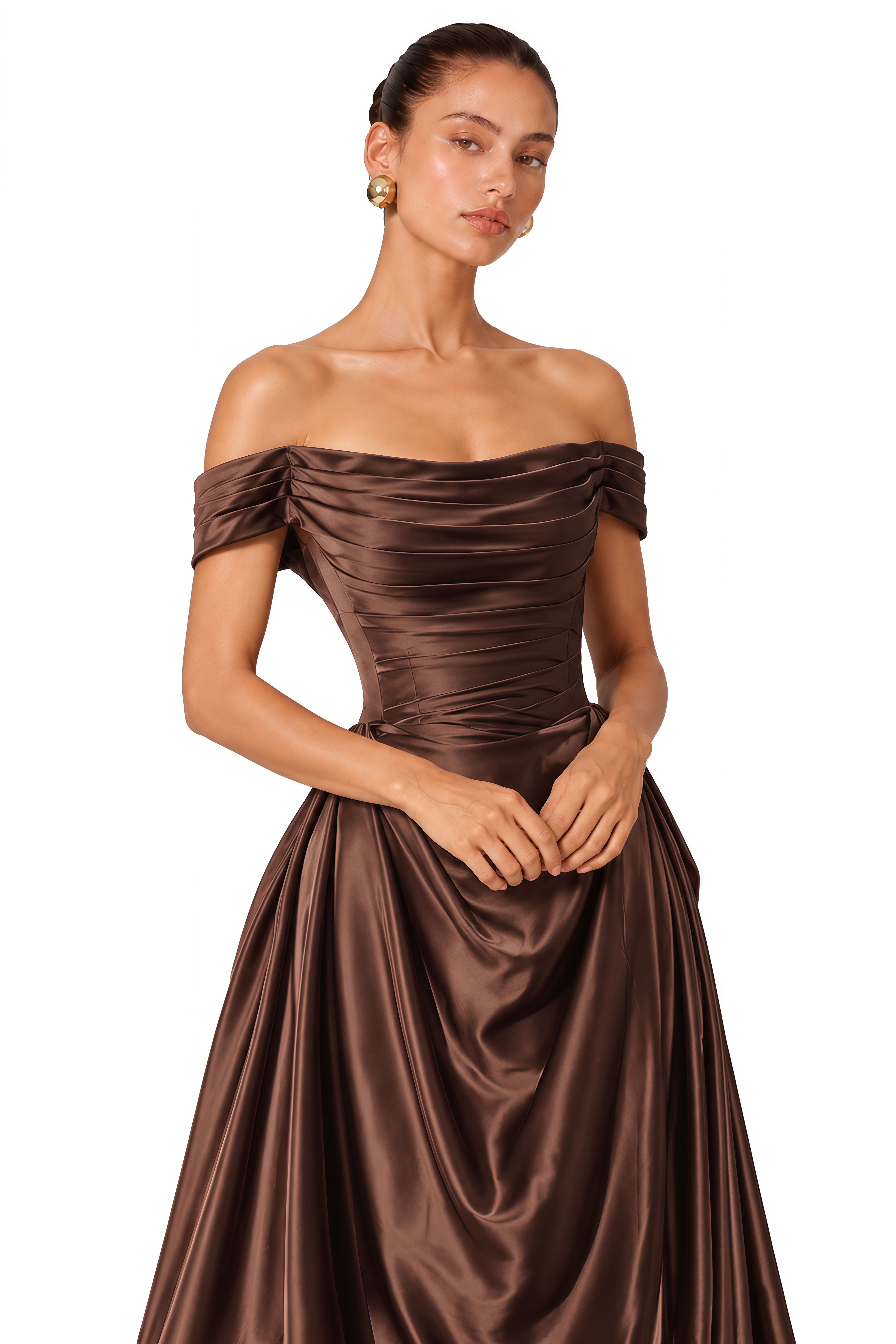 Harlow Brown Off Shoulder Draped Satin Maxi Dress