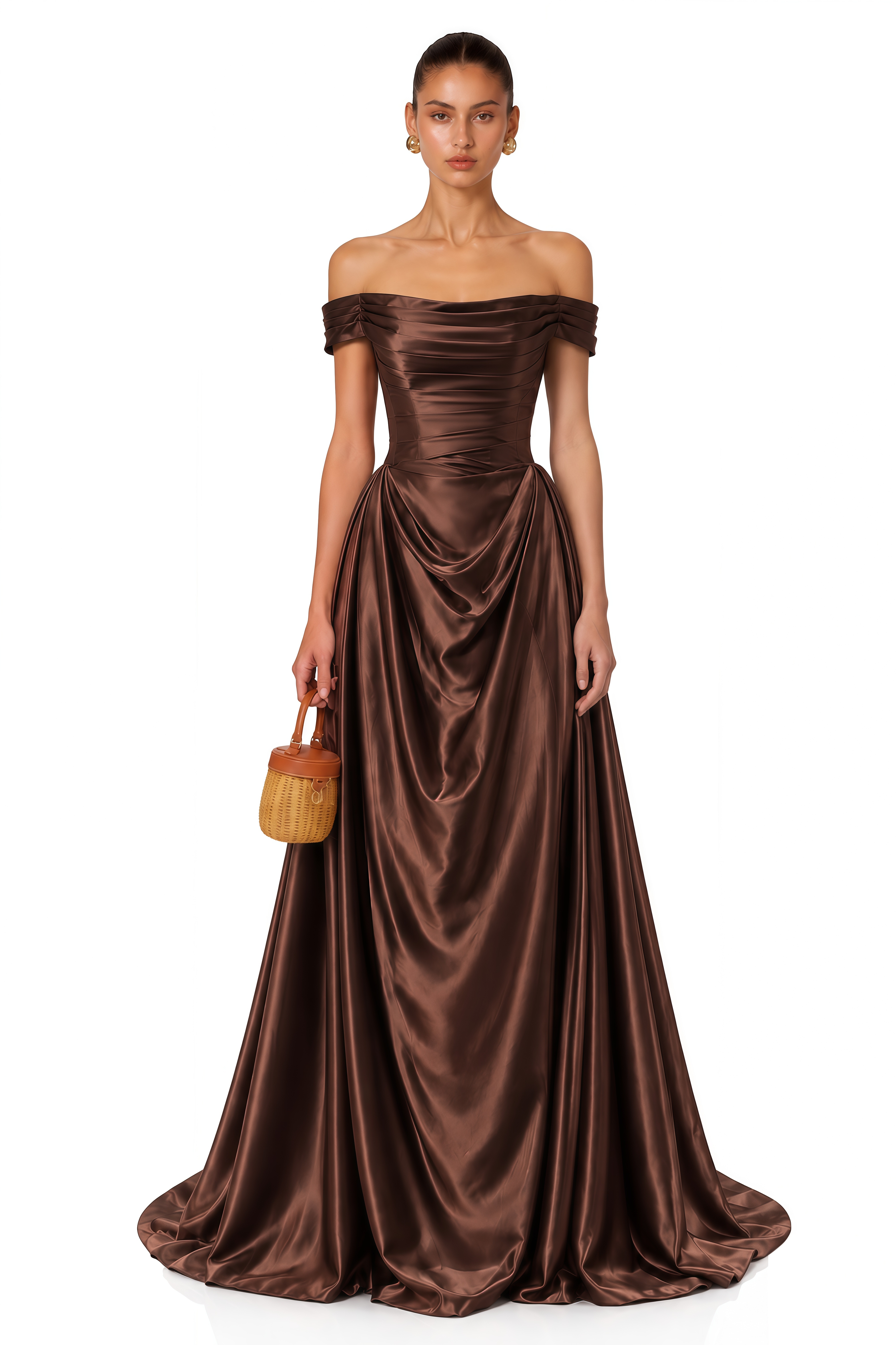 Harlow Brown Off Shoulder Draped Satin Maxi Dress