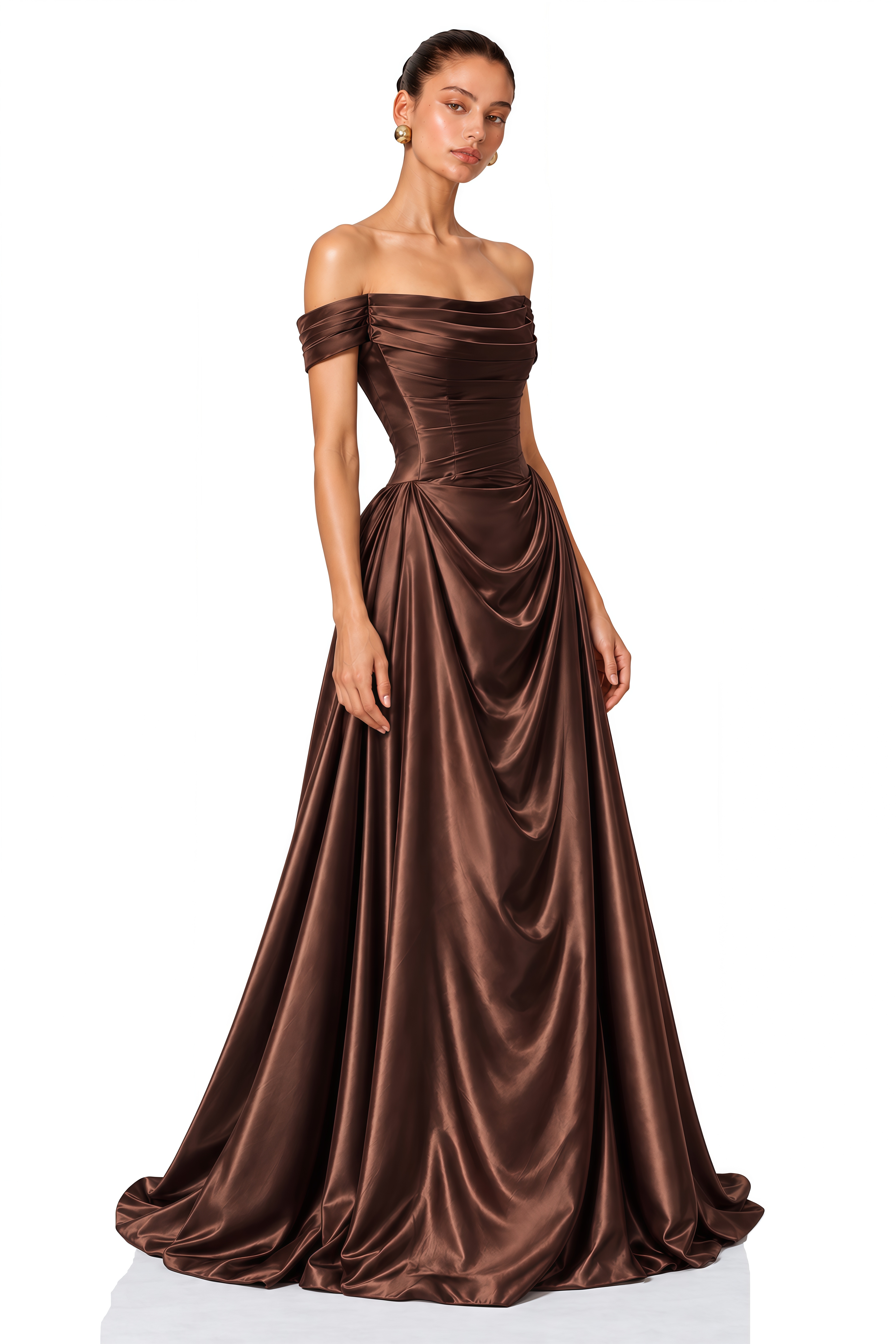 Harlow Brown Off Shoulder Draped Satin Maxi Dress