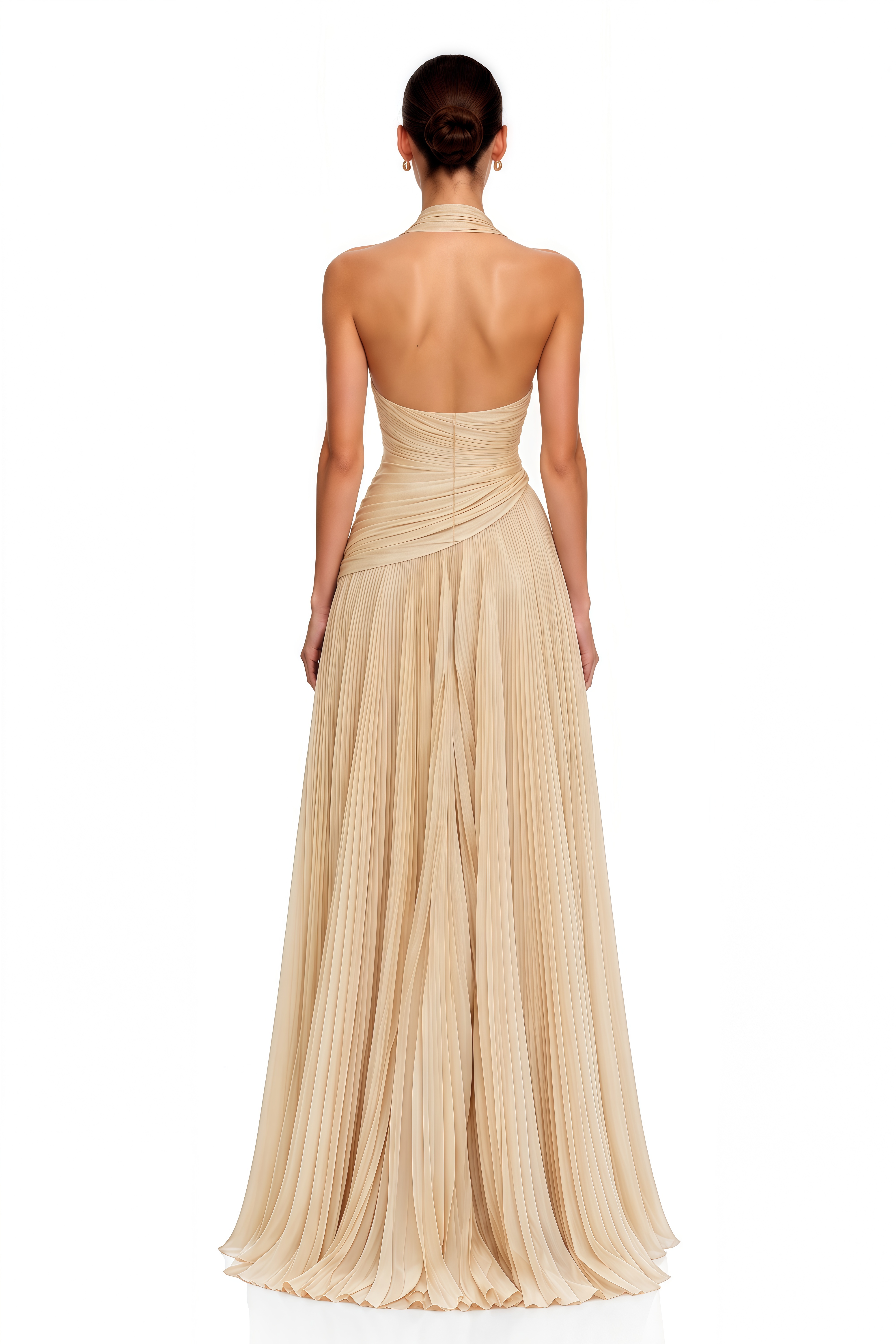 Harriet Neutral Halterneck Pleated Maxi Dress with Slit