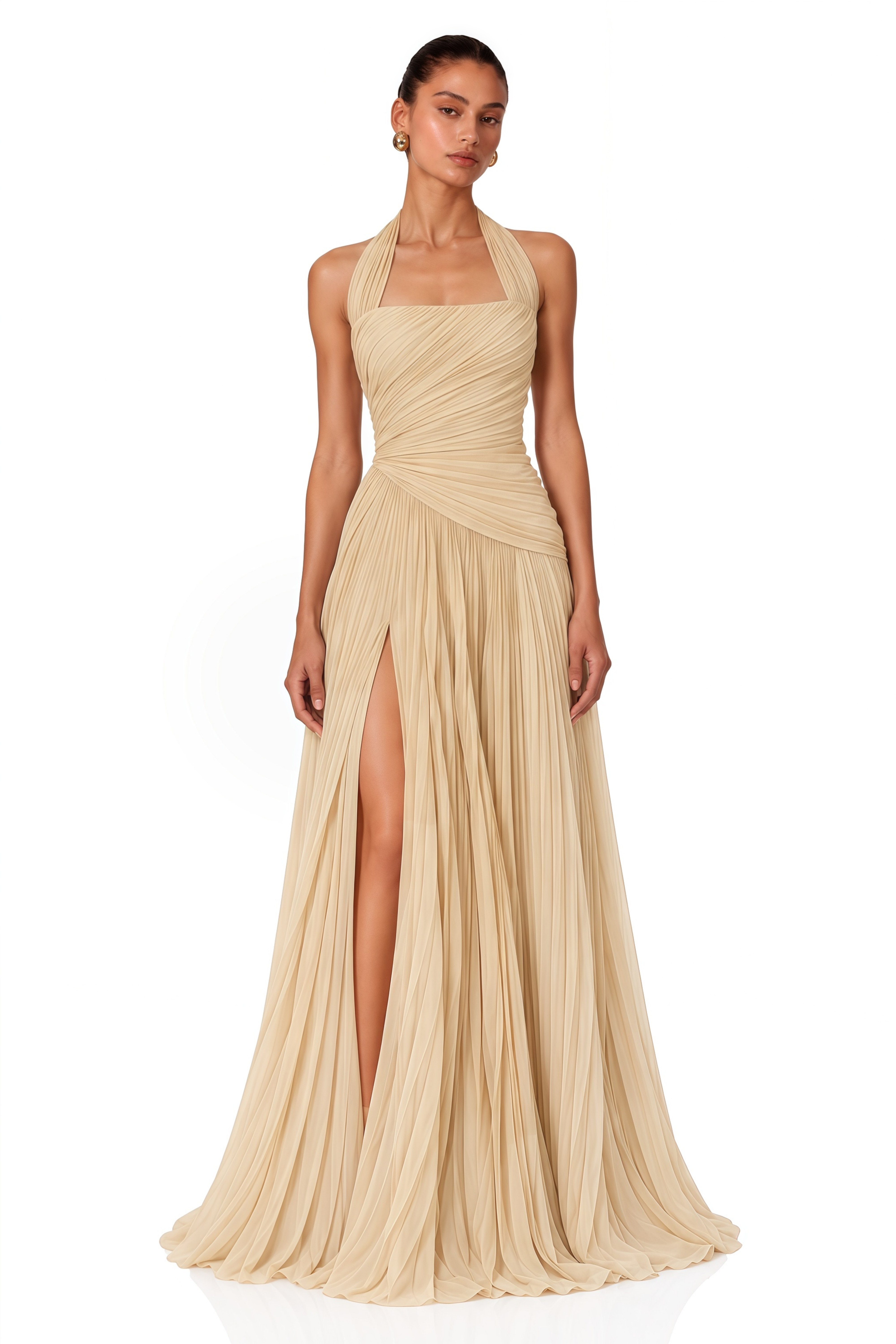 Harriet Neutral Halterneck Pleated Maxi Dress with Slit