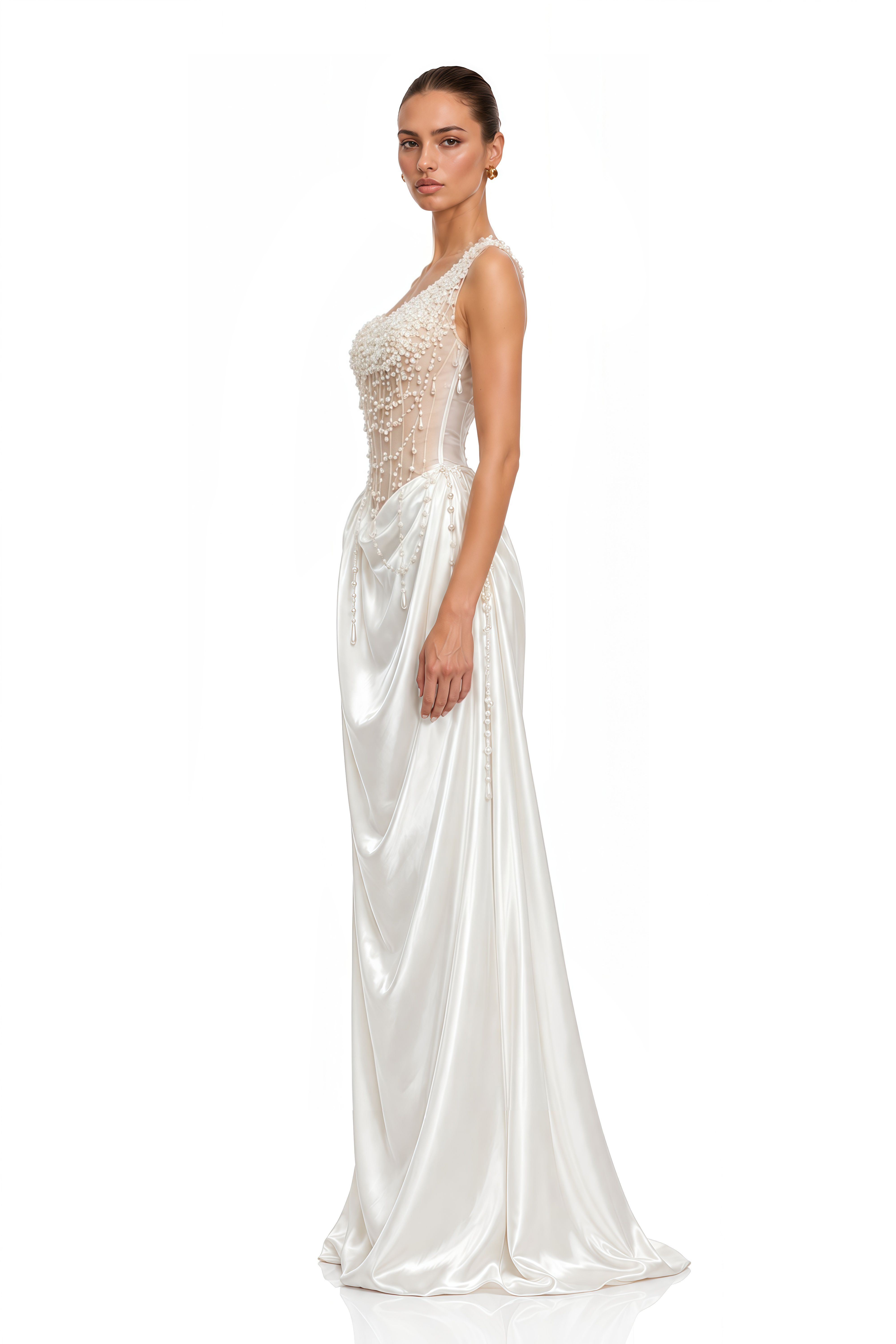 Hasti Cream White Ruched Maxi Dress with Chain Detail