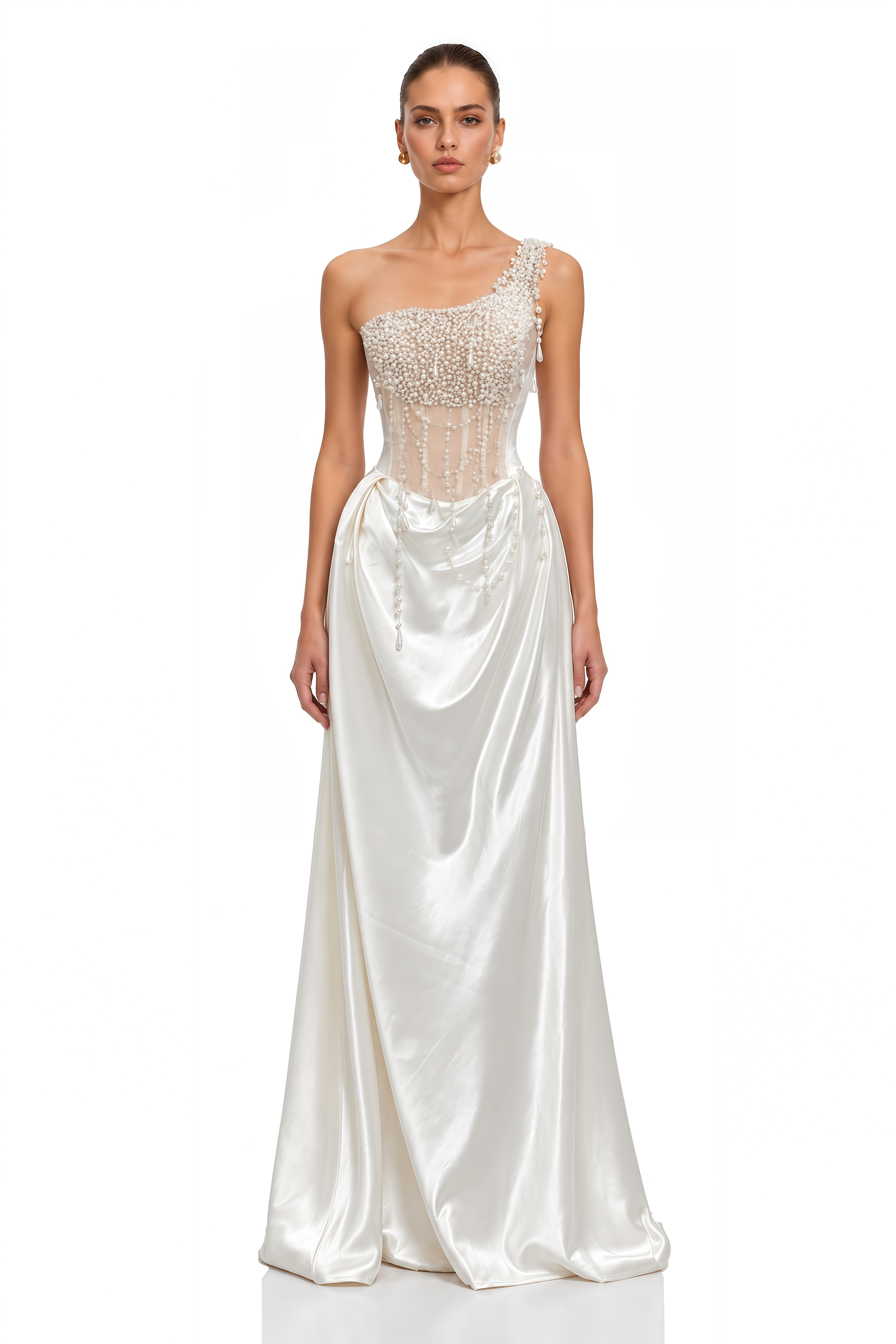 Hasti Cream White Ruched Maxi Dress with Chain Detail