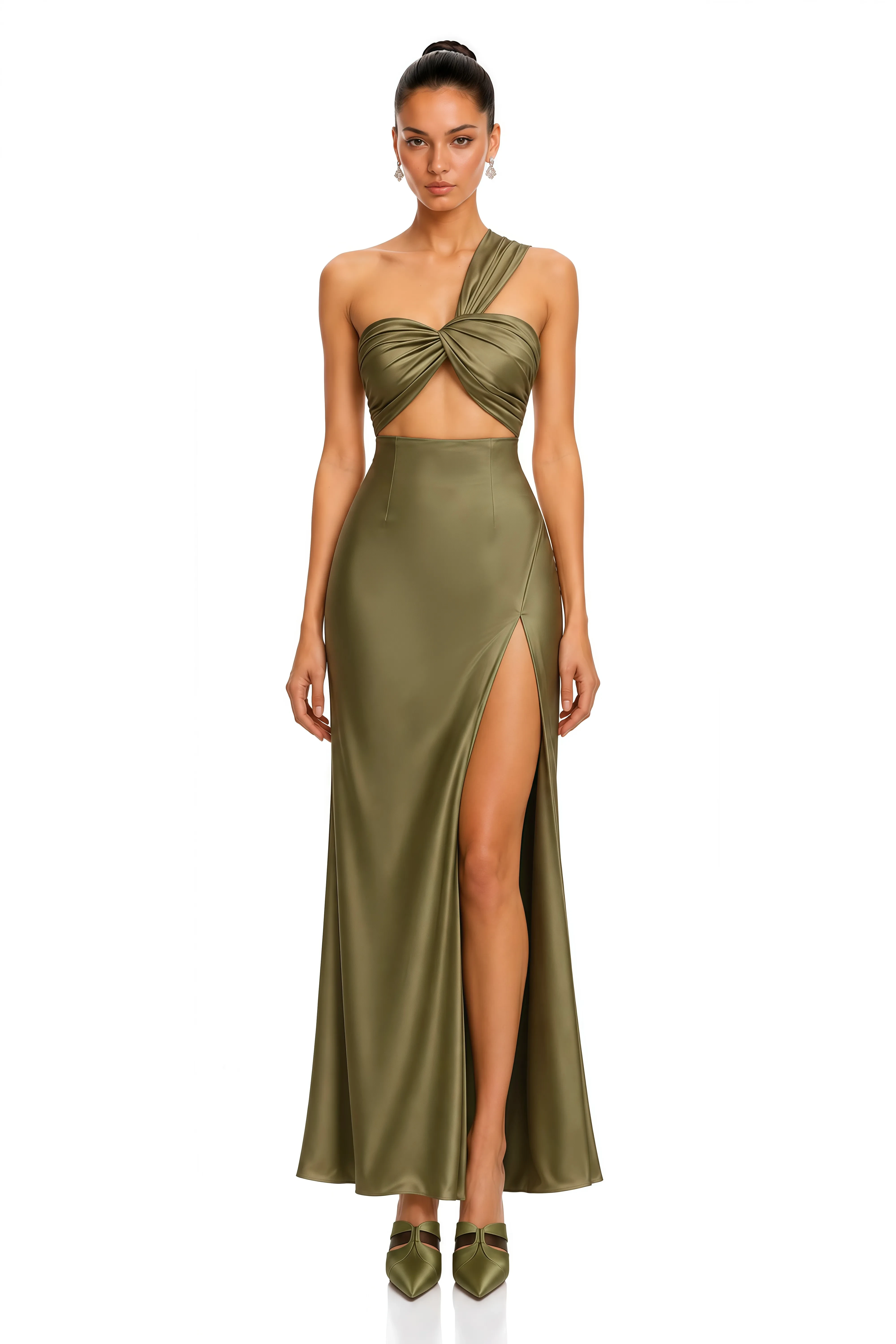 Hattie Olive Green One Shoulder Cutout Satin Maxi Dress