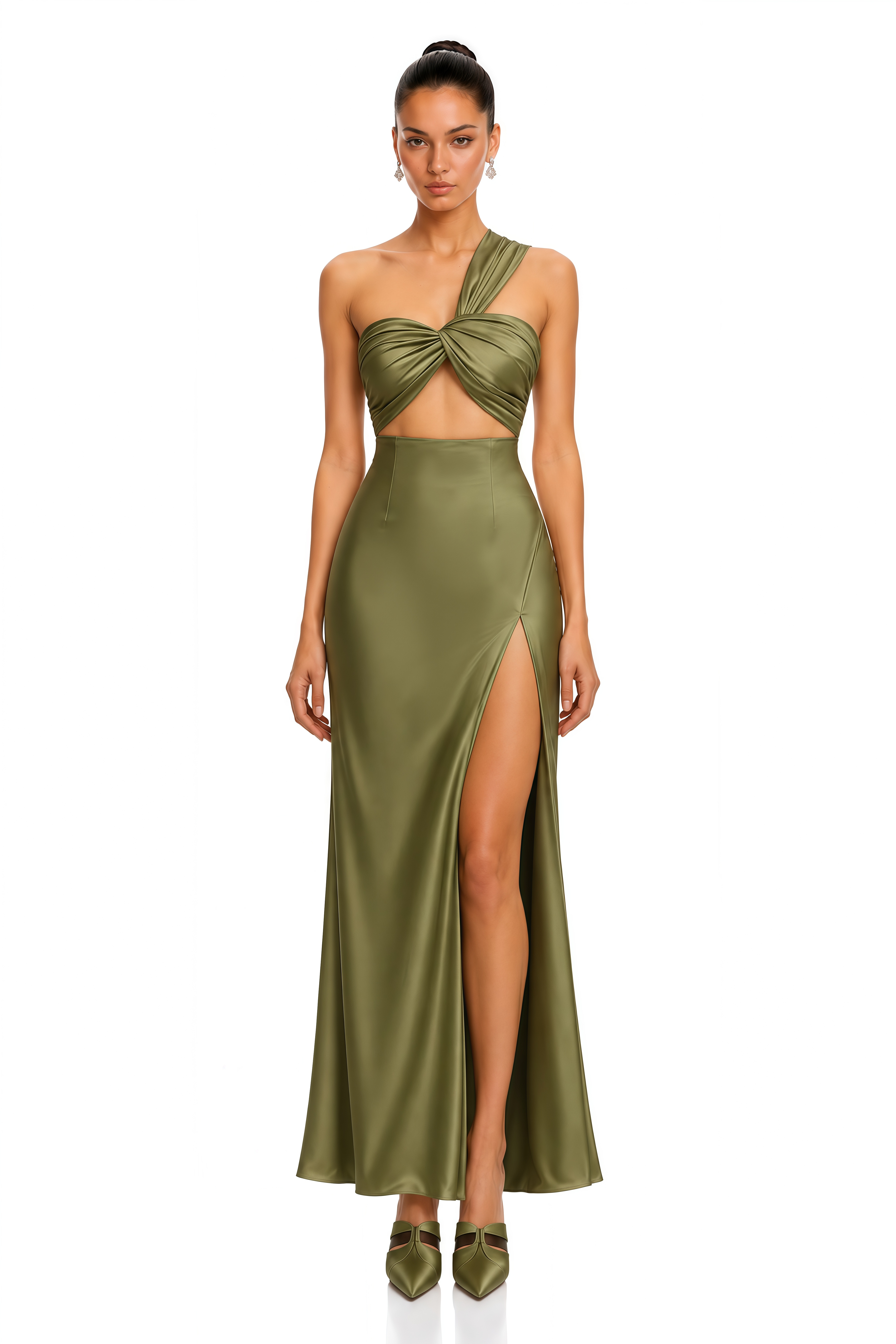 Hattie Olive Green One Shoulder Cutout Satin Maxi Dress