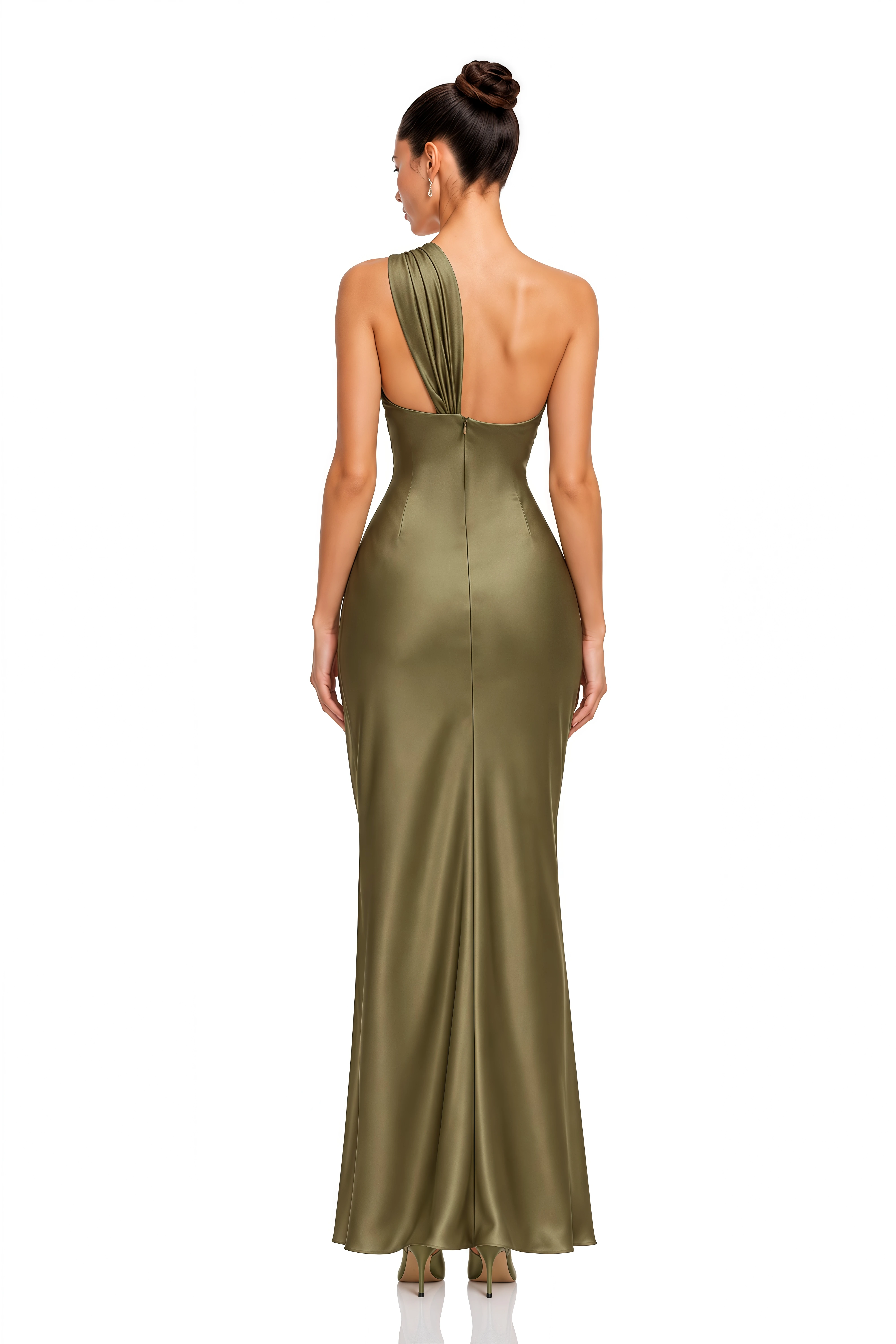 Hattie Olive Green One Shoulder Cutout Satin Maxi Dress