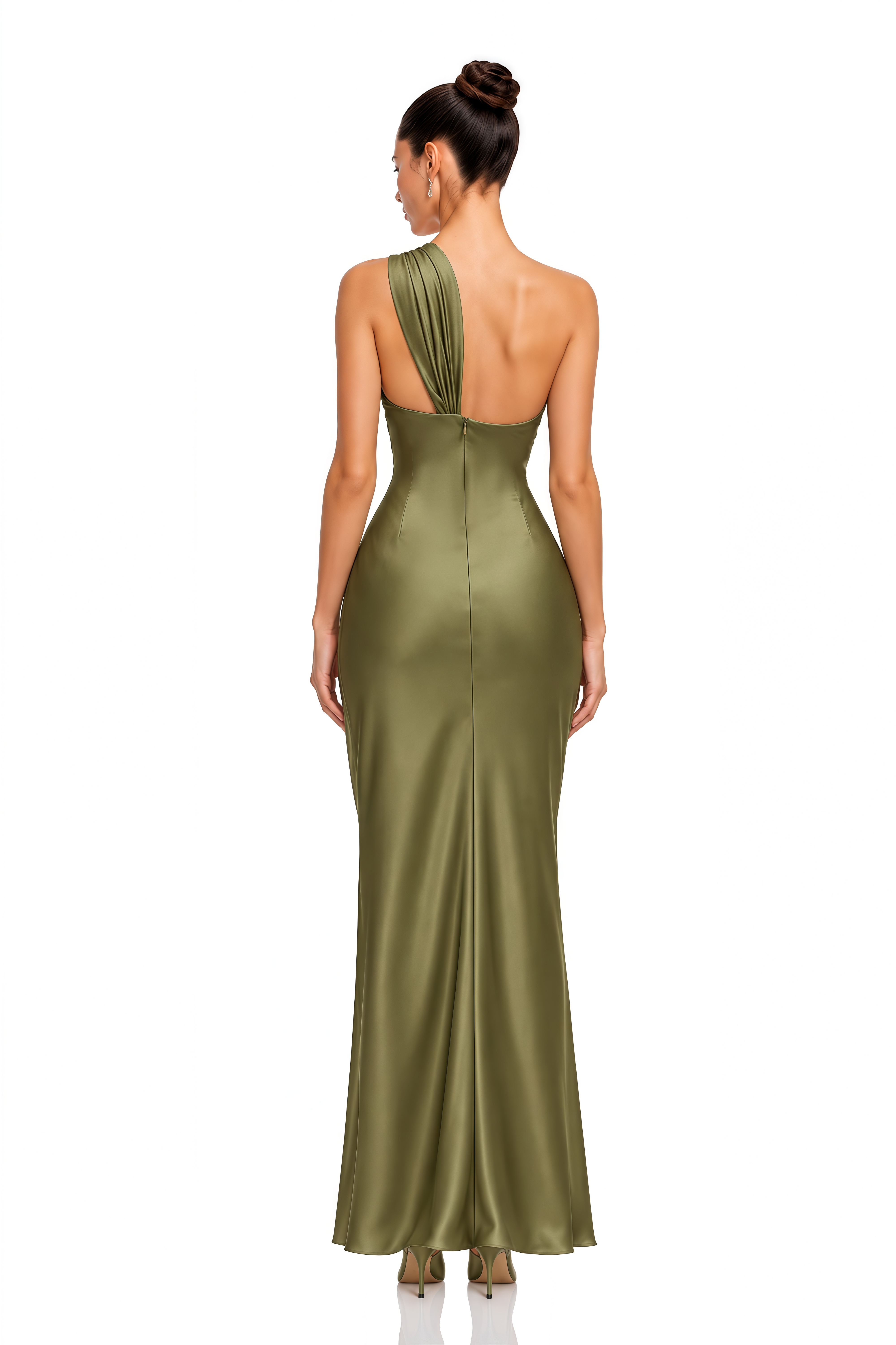 Hattie Olive Green One Shoulder Cutout Satin Maxi Dress