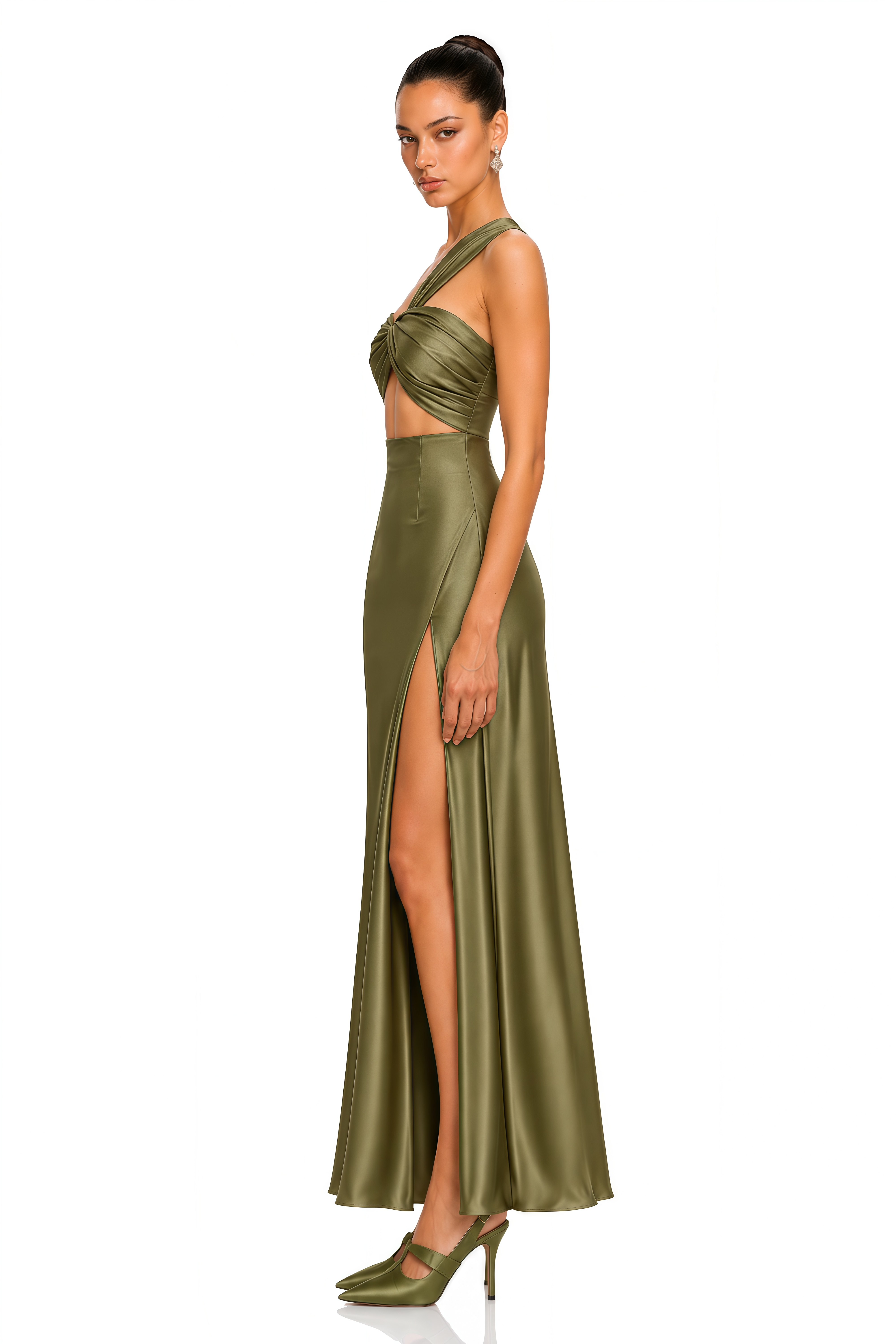 Hattie Olive Green One Shoulder Cutout Satin Maxi Dress