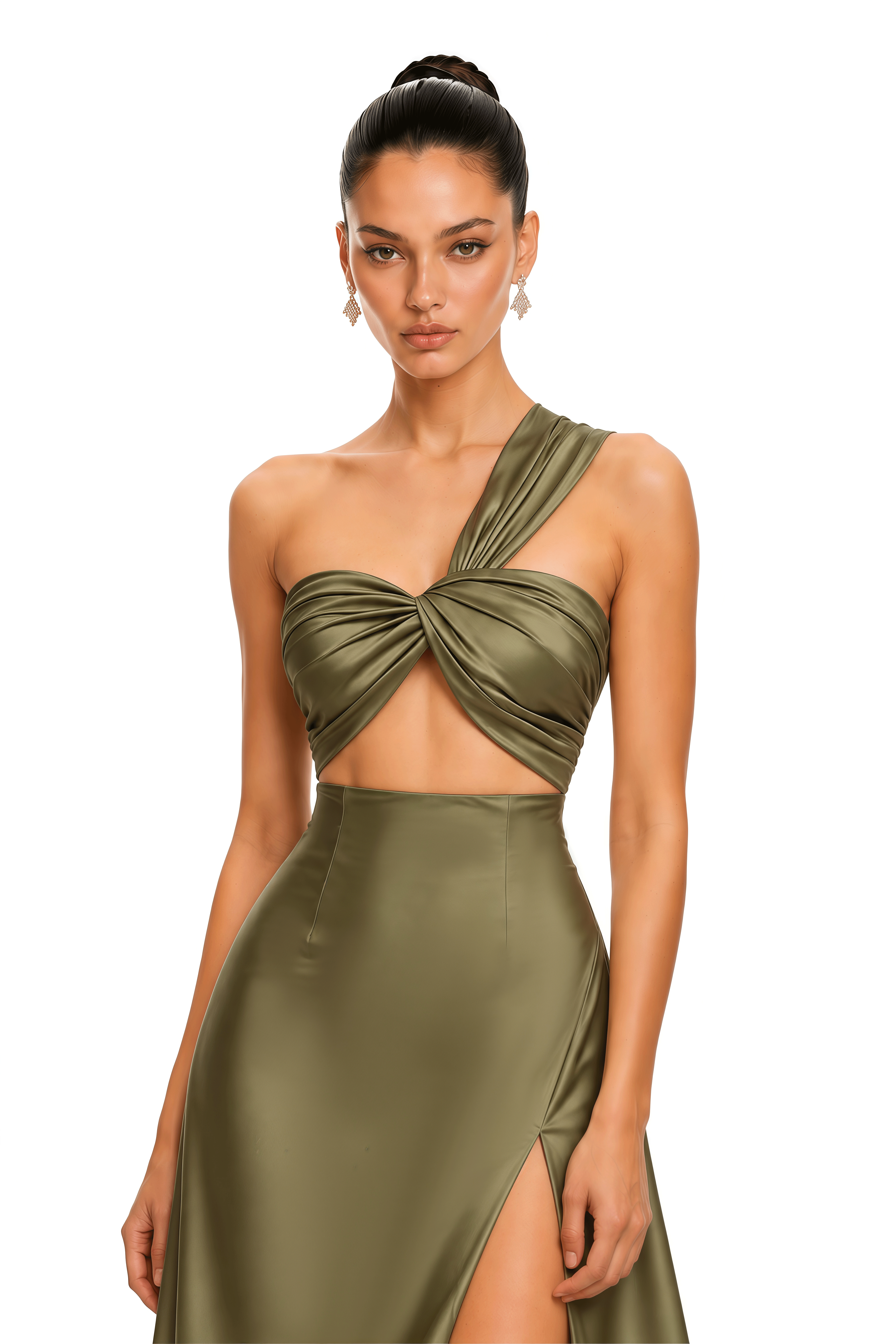 Hattie Olive Green One Shoulder Cutout Satin Maxi Dress
