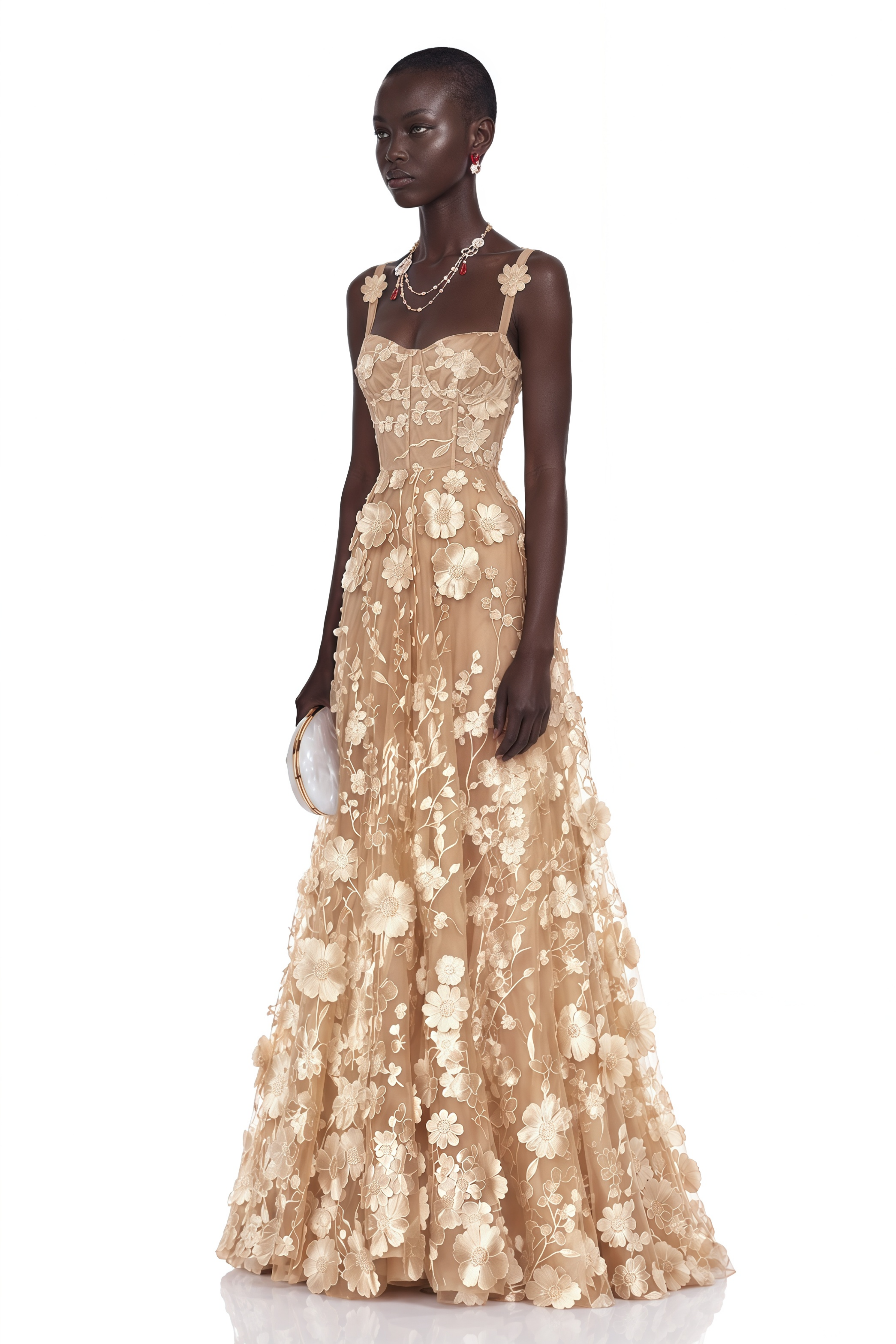 Haylin Neutral 3D Floral Applique Spaghetti Strap Maxi Dress