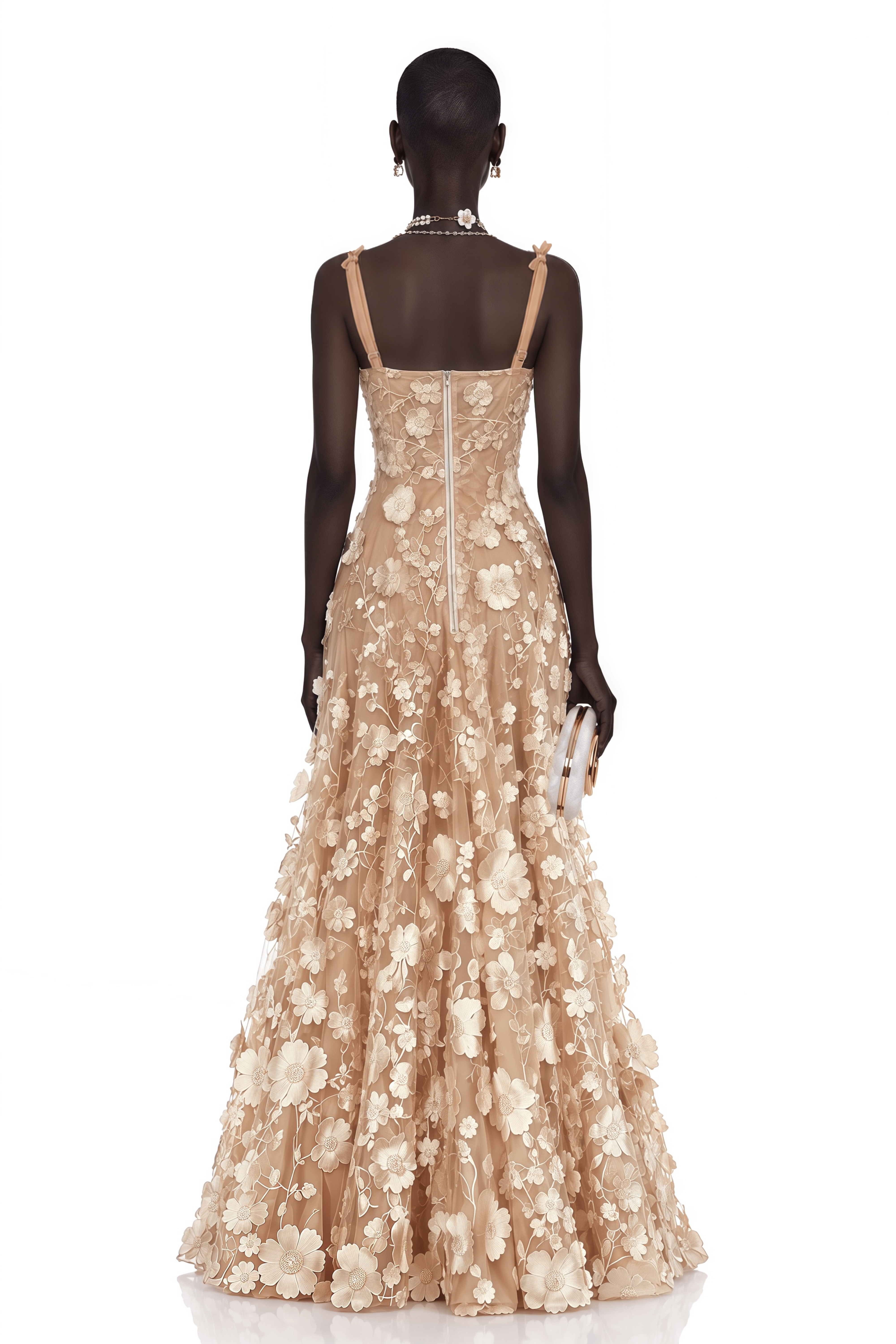 Haylin Neutral 3D Floral Applique Spaghetti Strap Maxi Dress