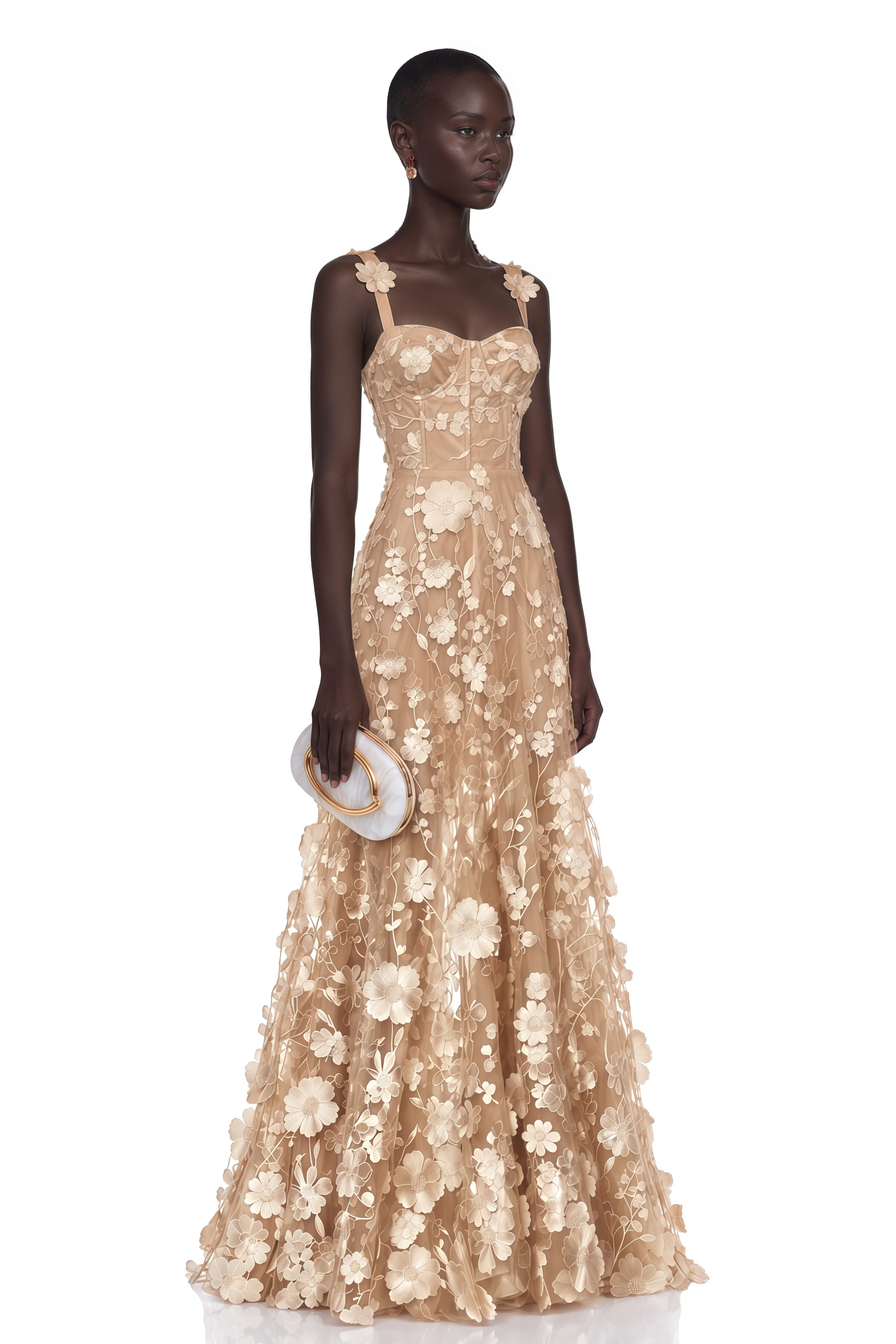 Haylin Neutral 3D Floral Applique Spaghetti Strap Maxi Dress