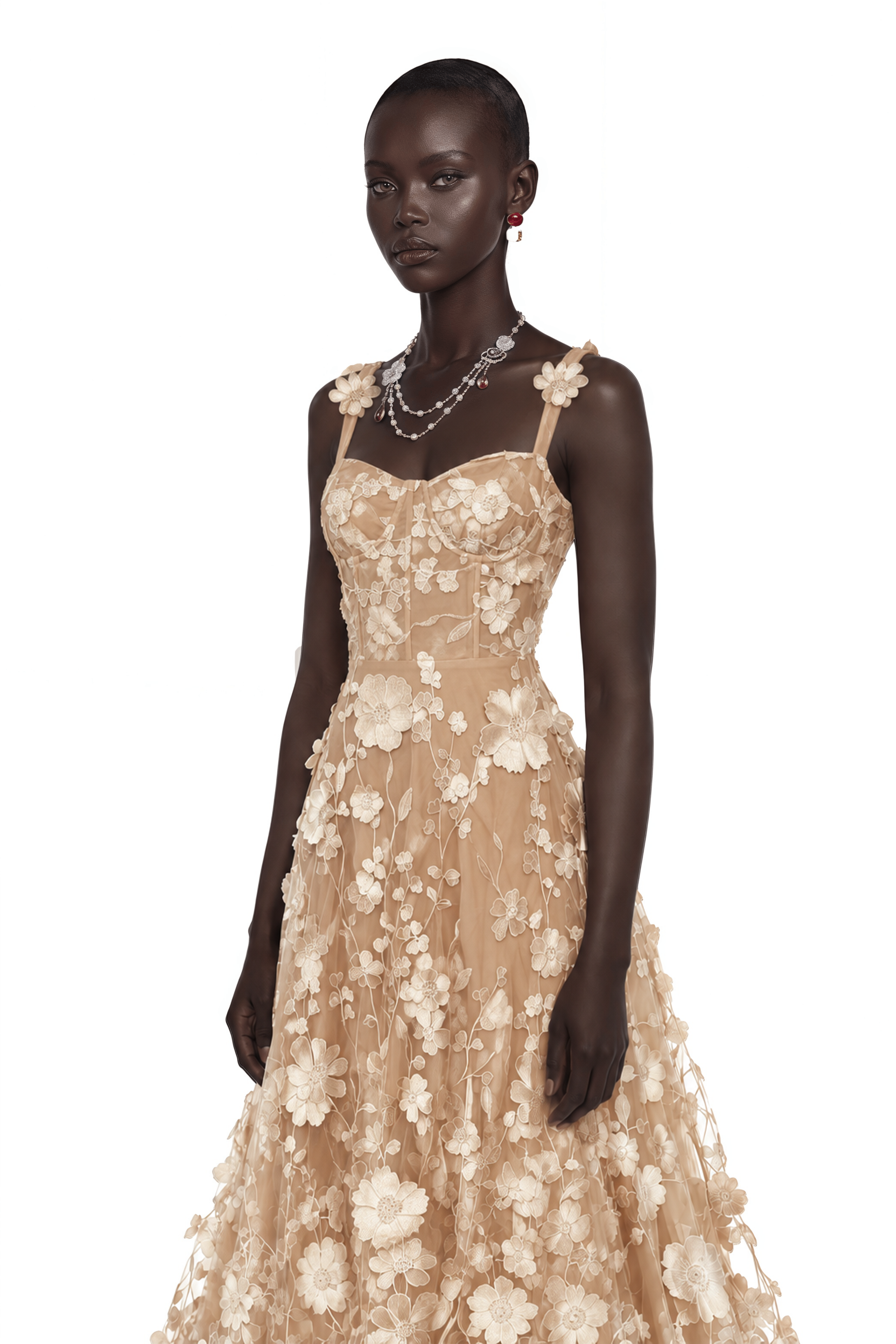 Haylin Neutral 3D Floral Applique Spaghetti Strap Maxi Dress