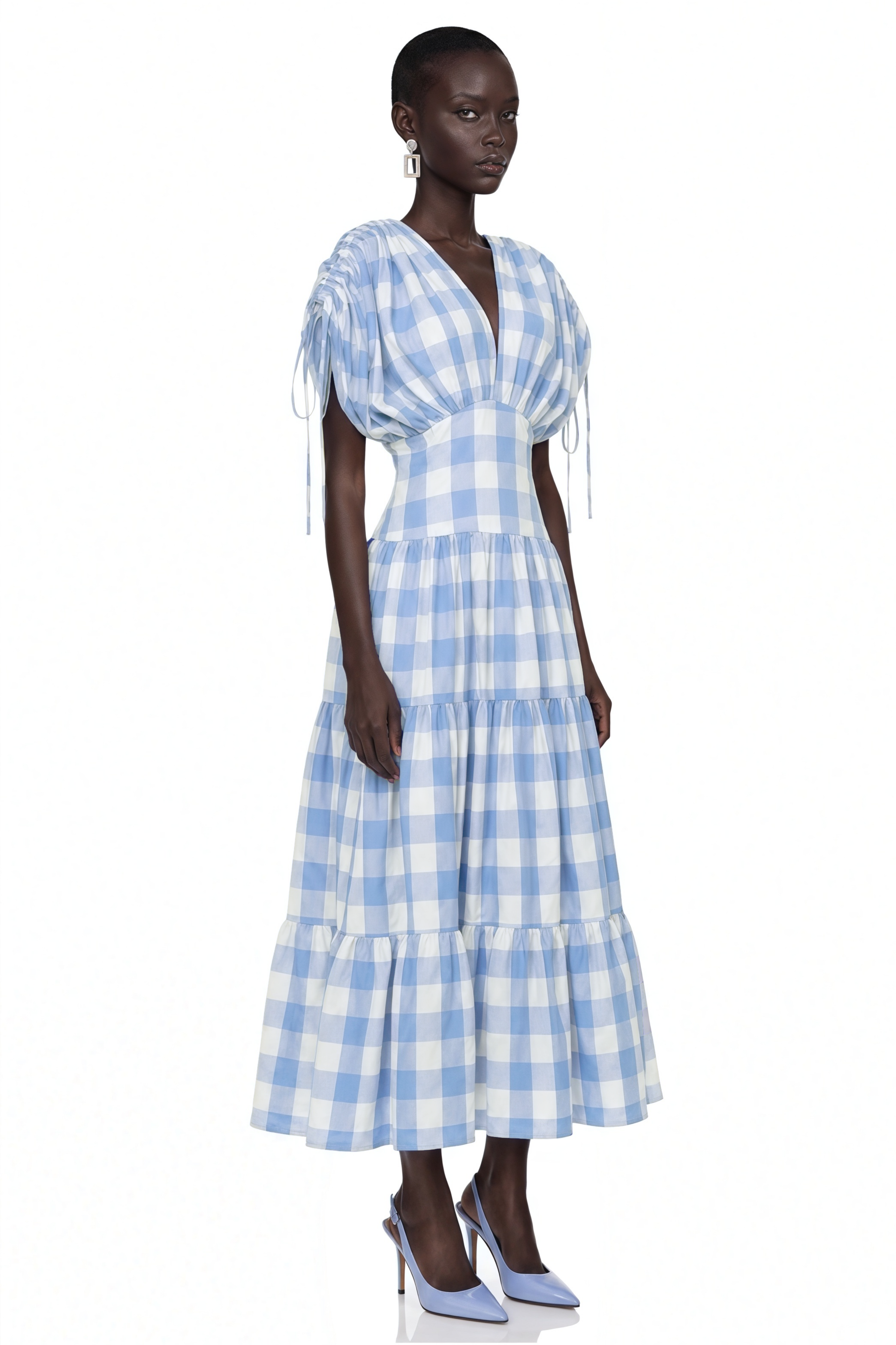 Hazel Blue Plunging Puff Sleeve Tiered Maxi Dress