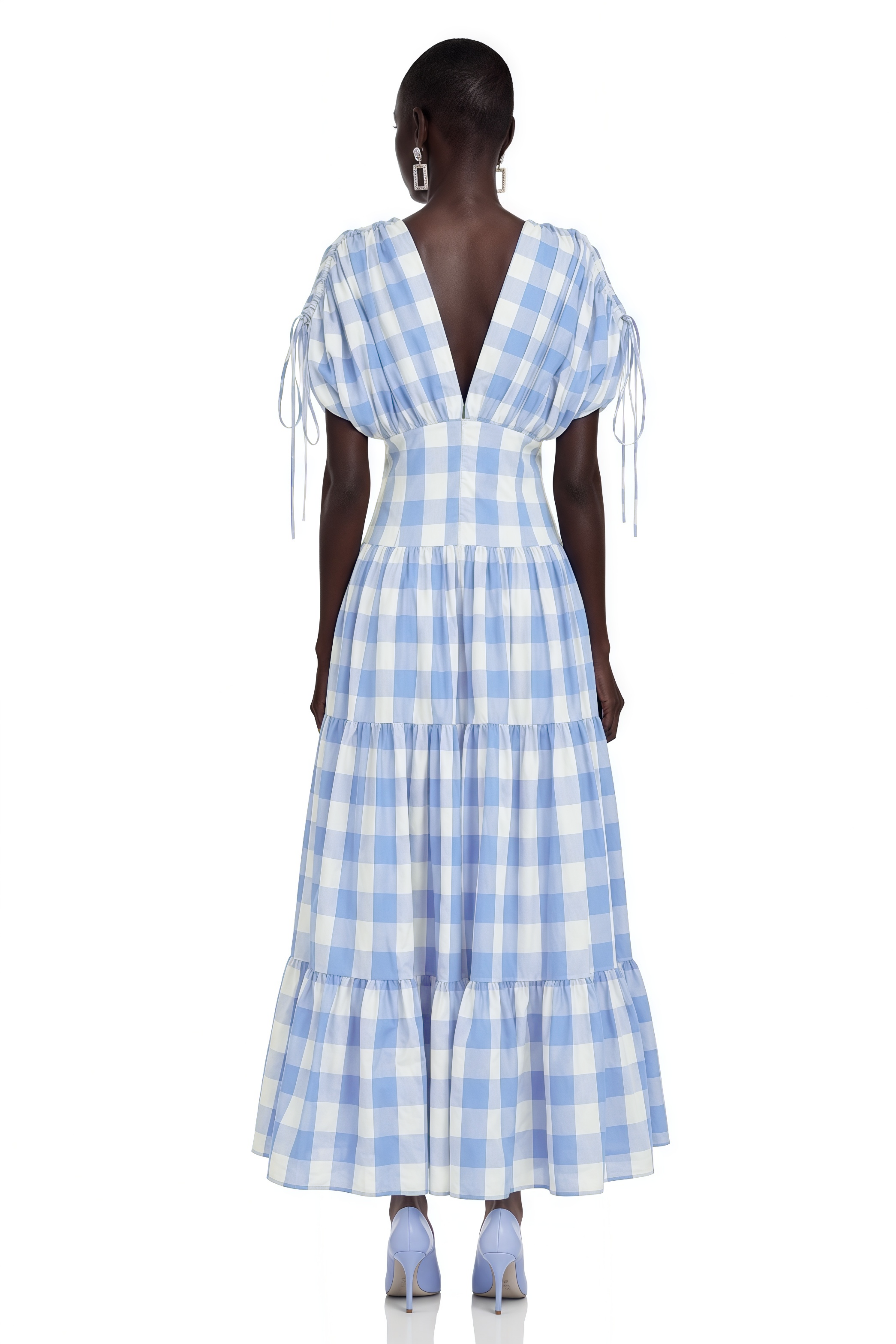Hazel Blue Plunging Puff Sleeve Tiered Maxi Dress