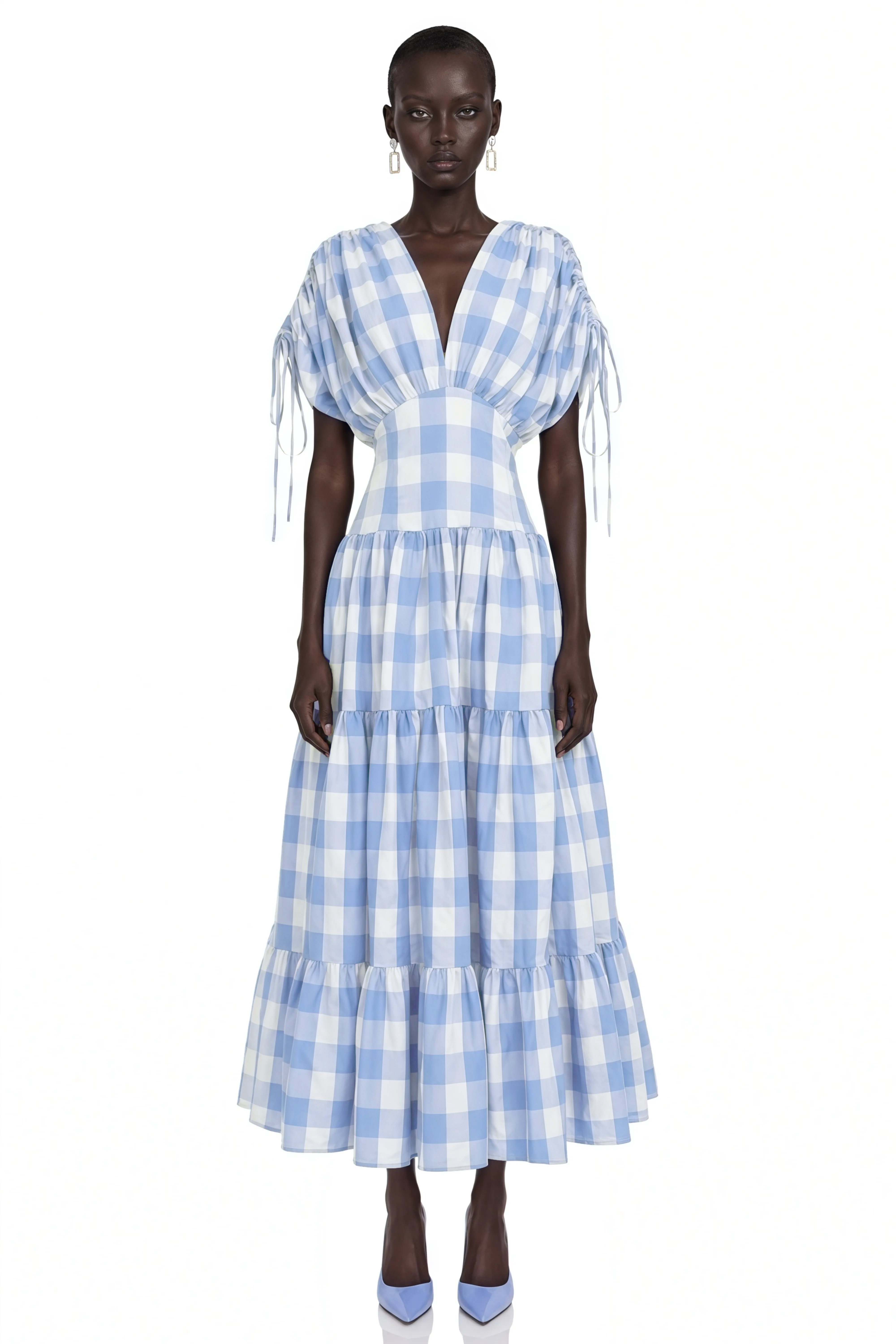 Hazel Blue Plunging Puff Sleeve Tiered Maxi Dress