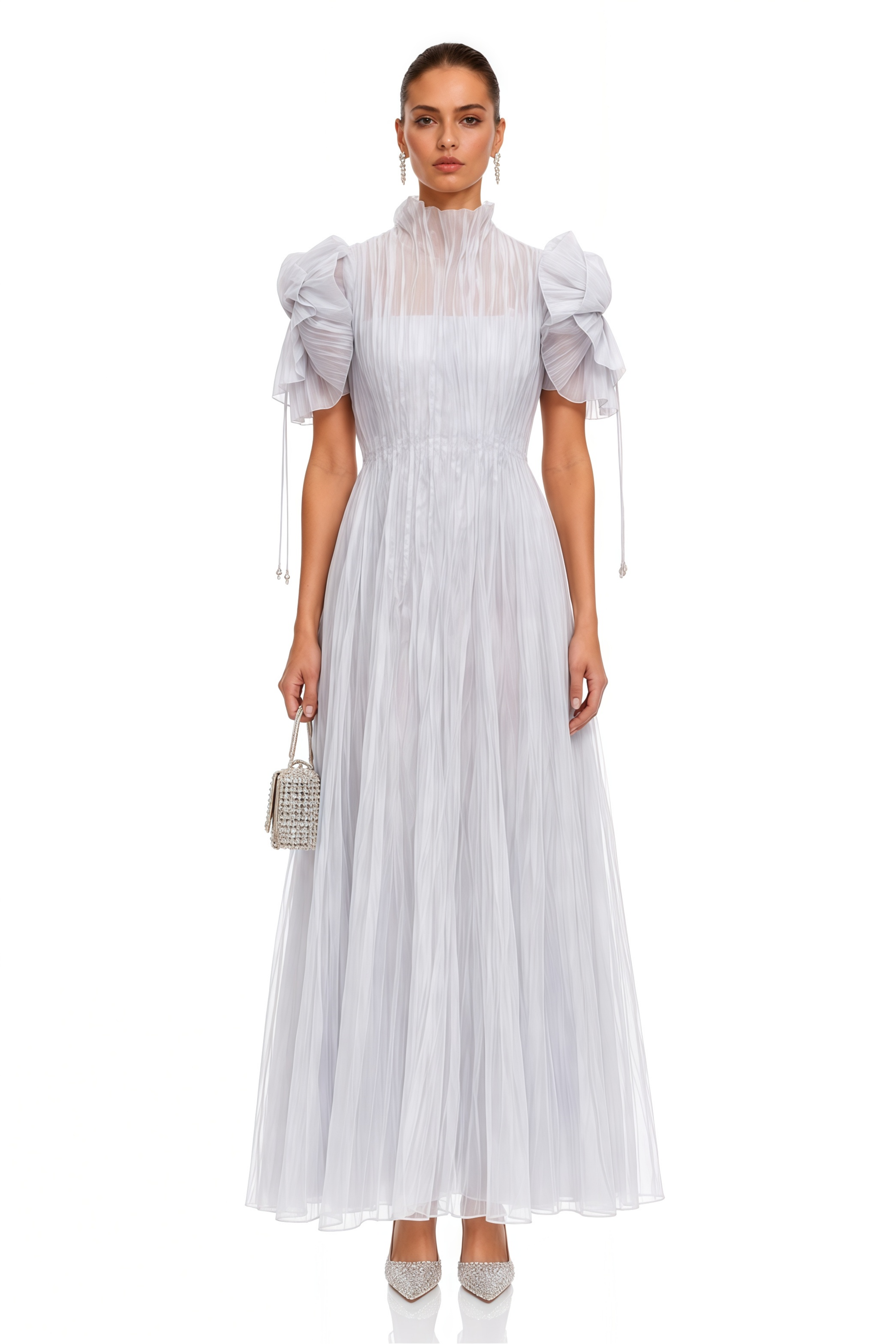 Helene Purple High Neck Pleated Puff Sleeve Maxi Dress