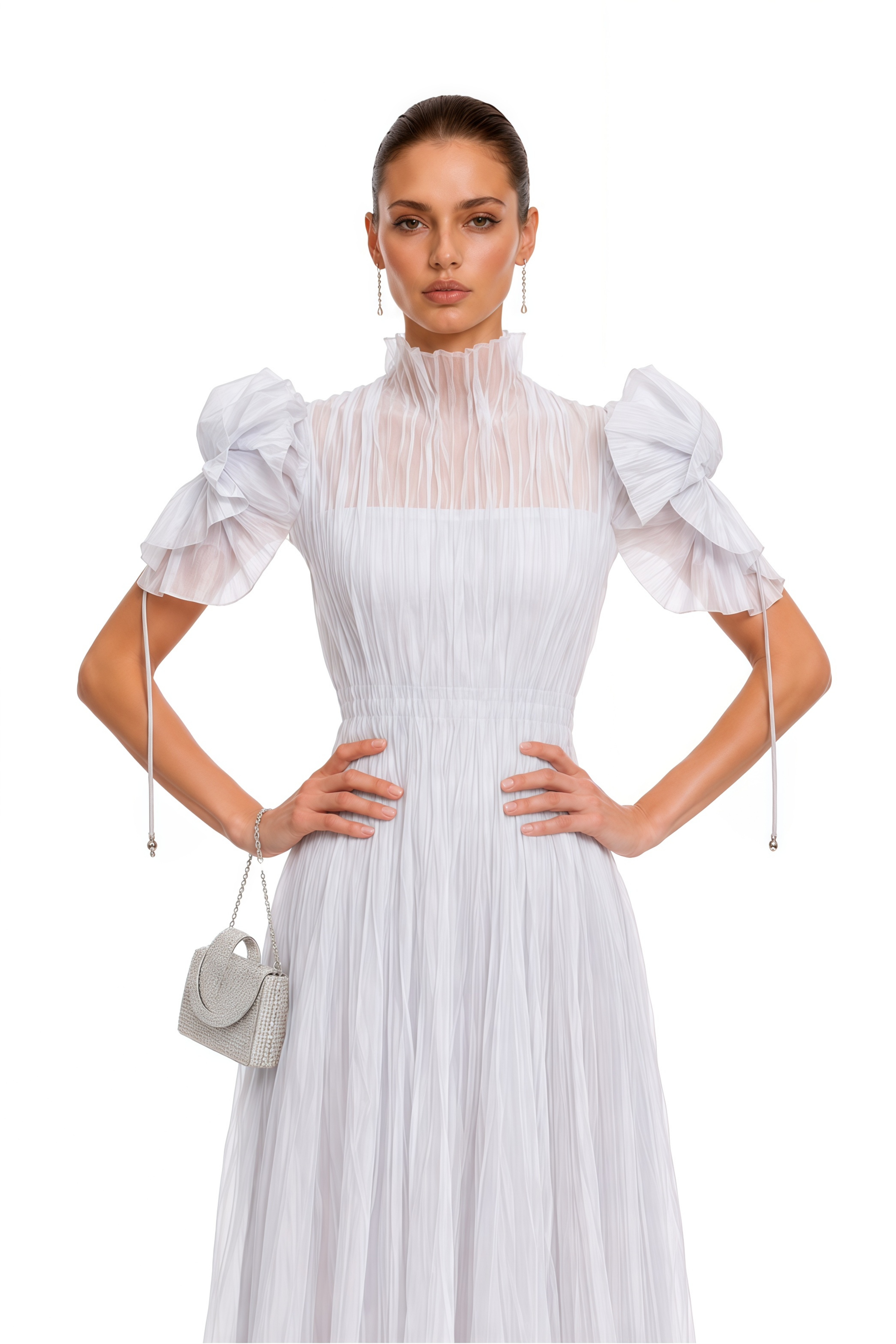Helene Purple High Neck Pleated Puff Sleeve Maxi Dress