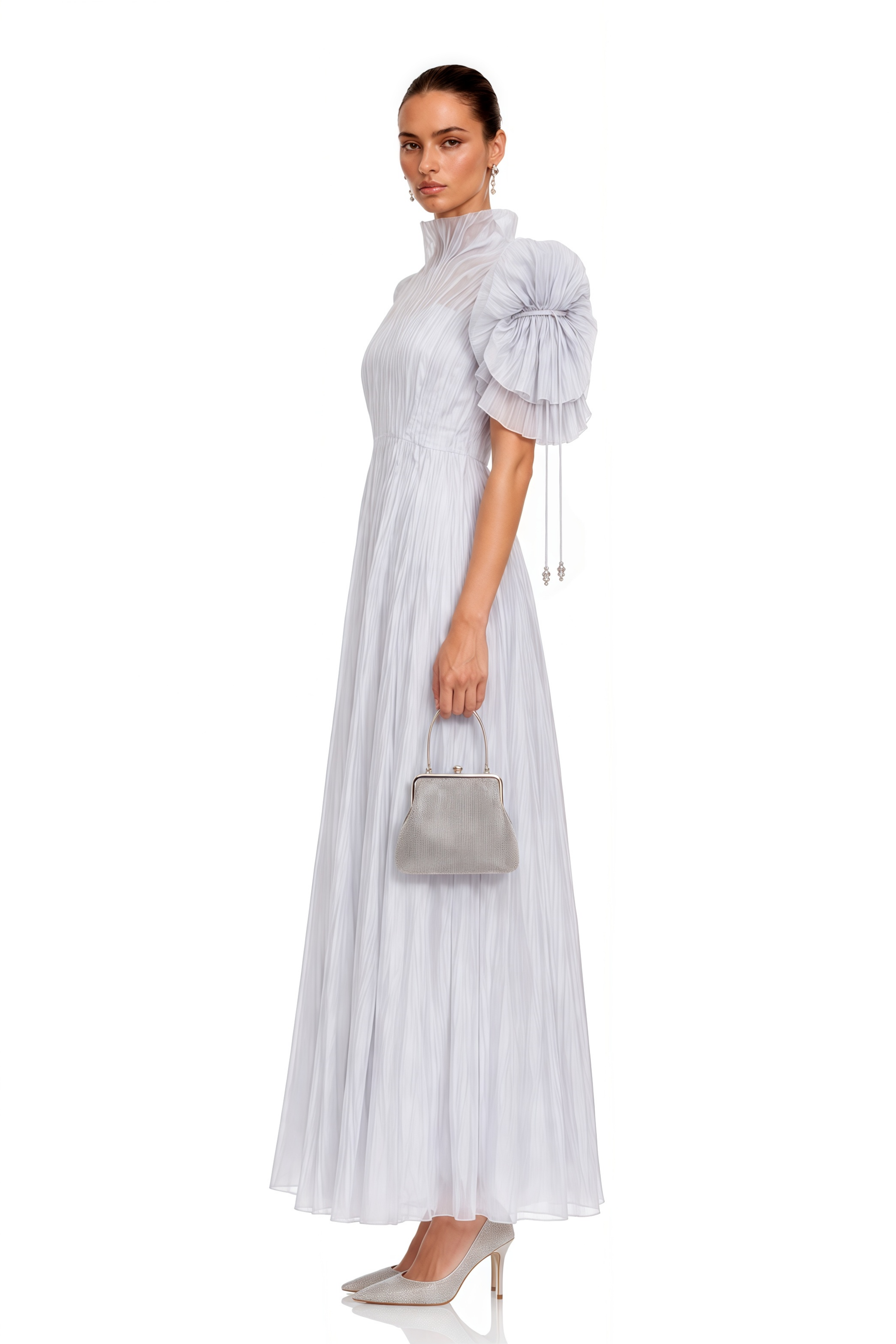 Helene Purple High Neck Pleated Puff Sleeve Maxi Dress