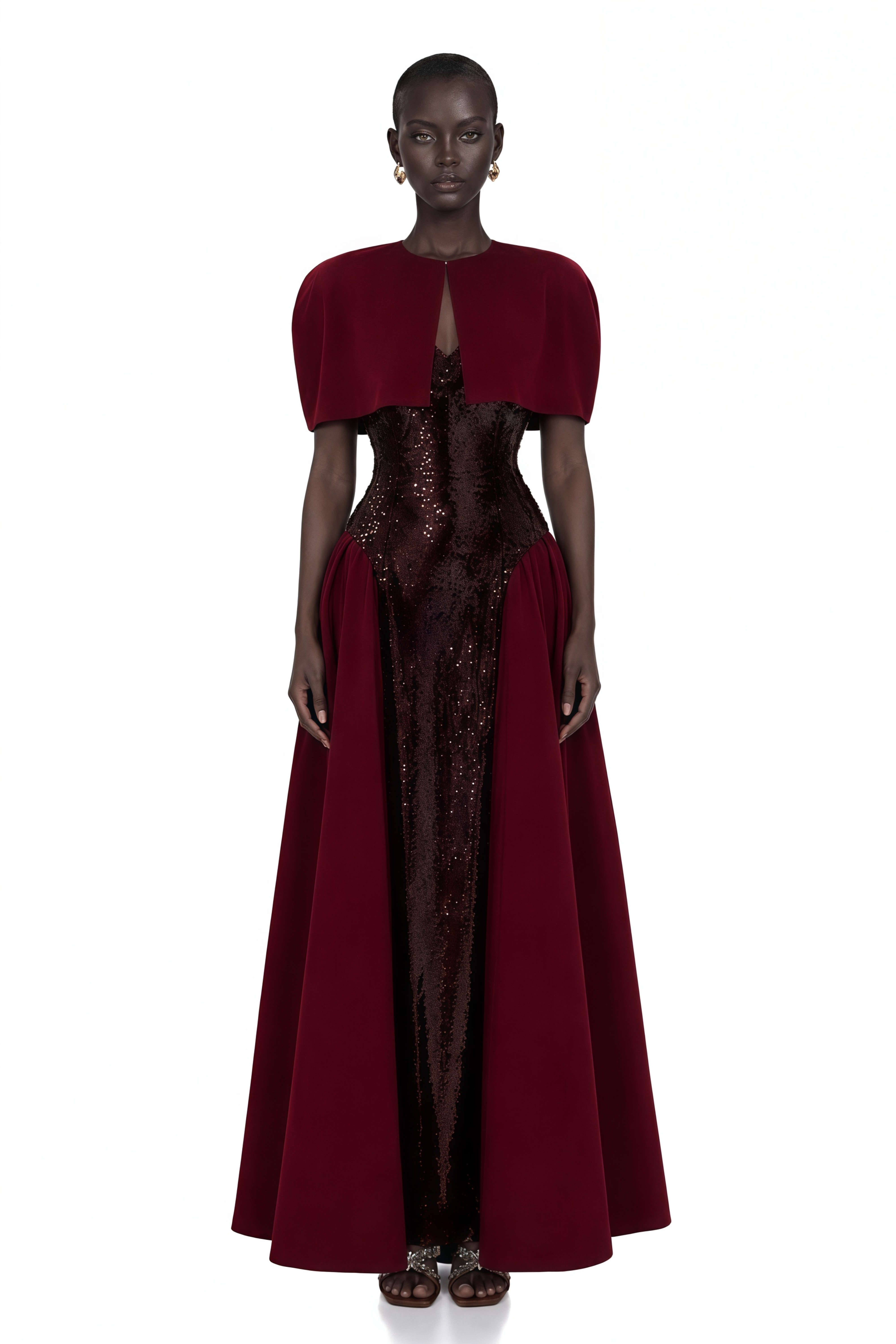 Henrietta Burgundy Sequin Maxi Dress with Cape