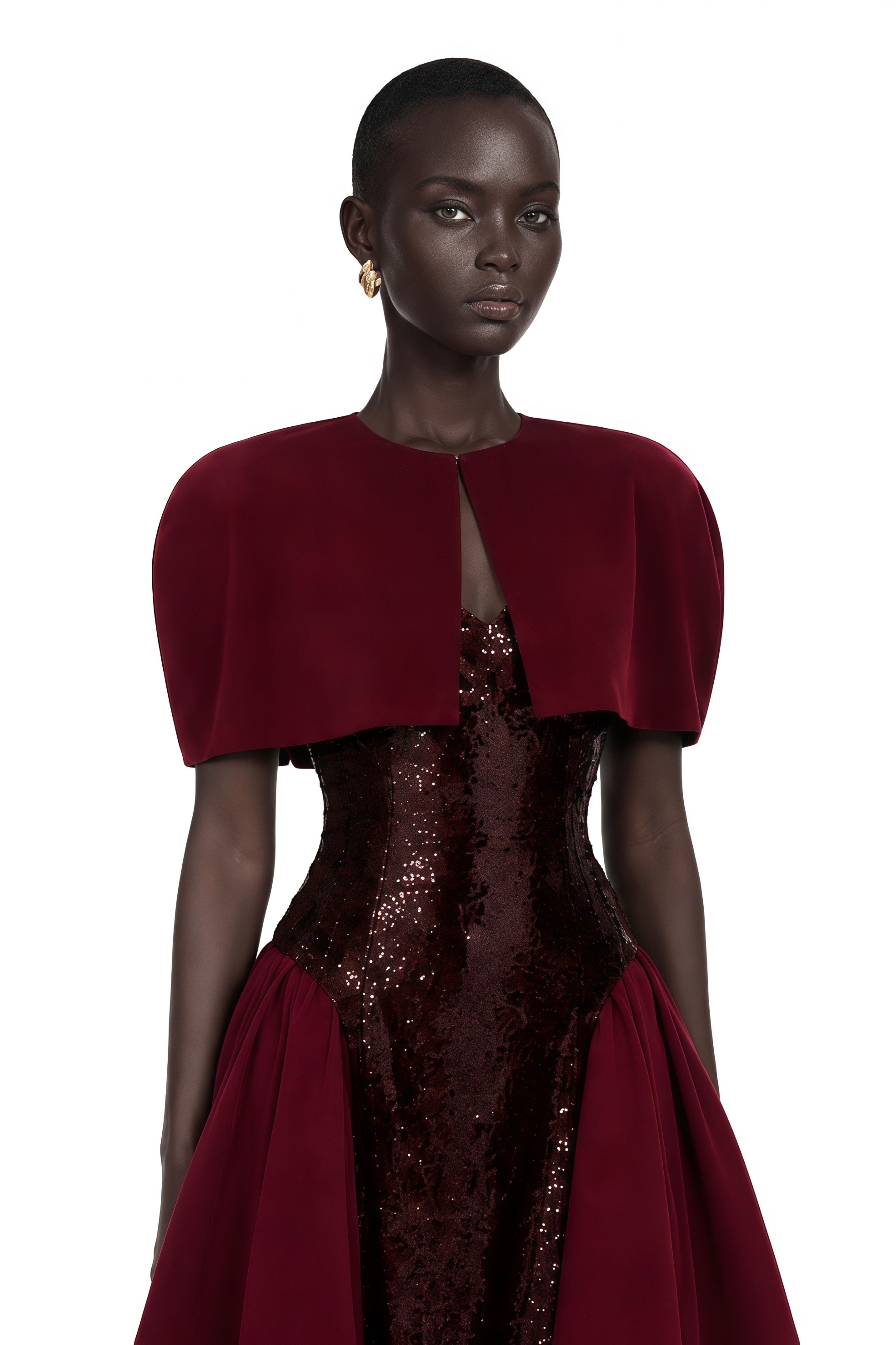 Henrietta Burgundy Sequin Maxi Dress with Cape