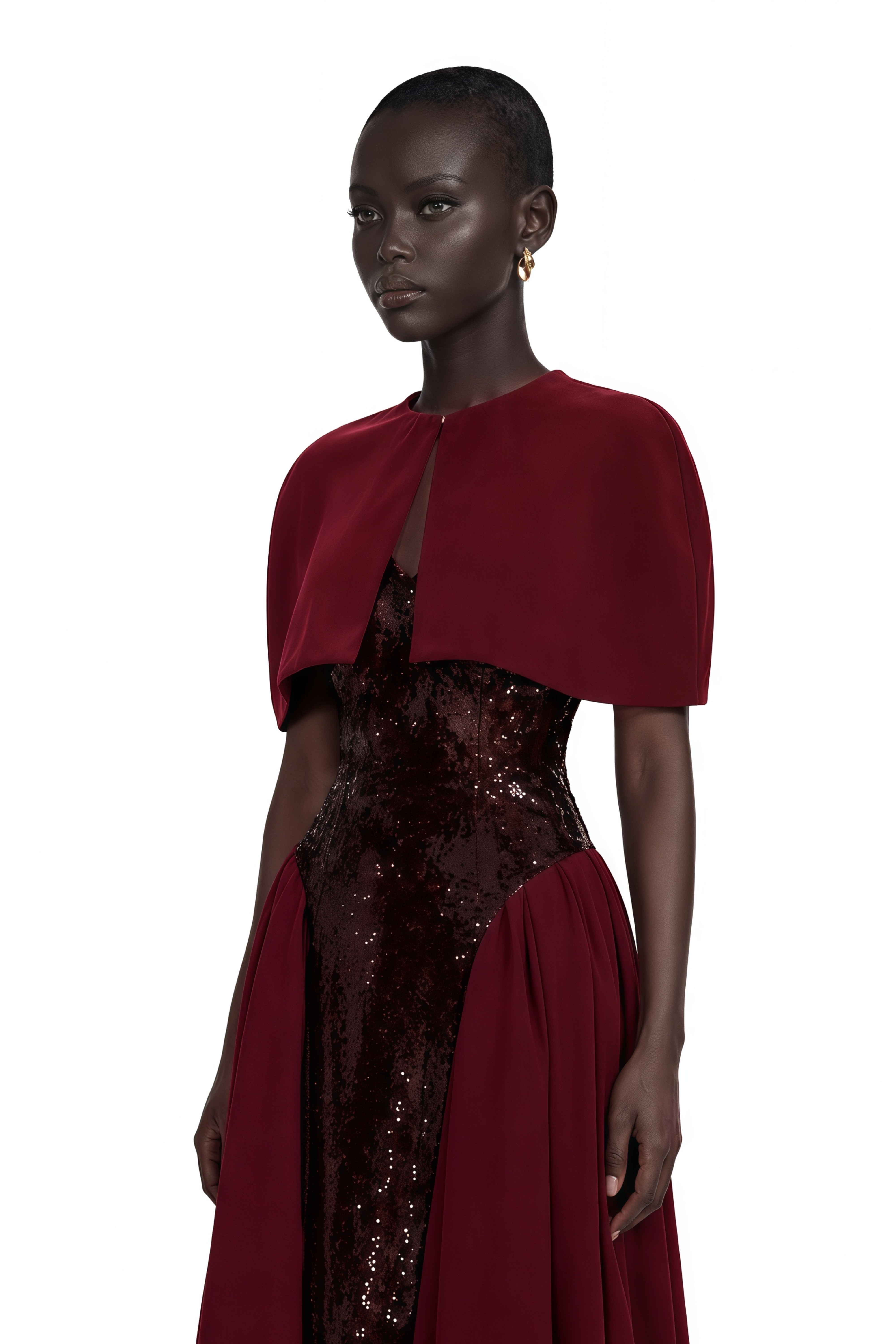 Henrietta Burgundy Sequin Maxi Dress with Cape