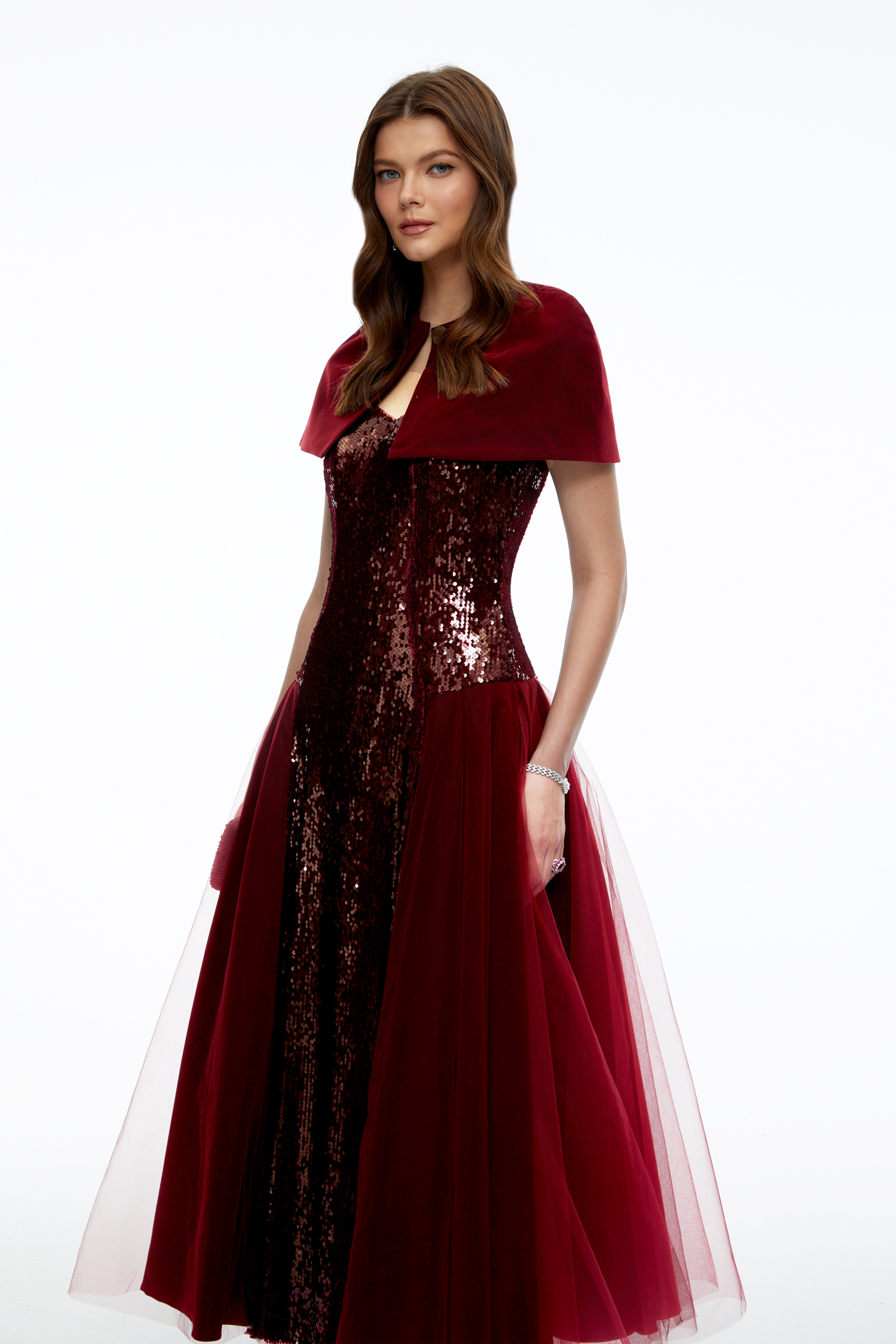 Henrietta Burgundy Sequin Maxi Dress with Cape