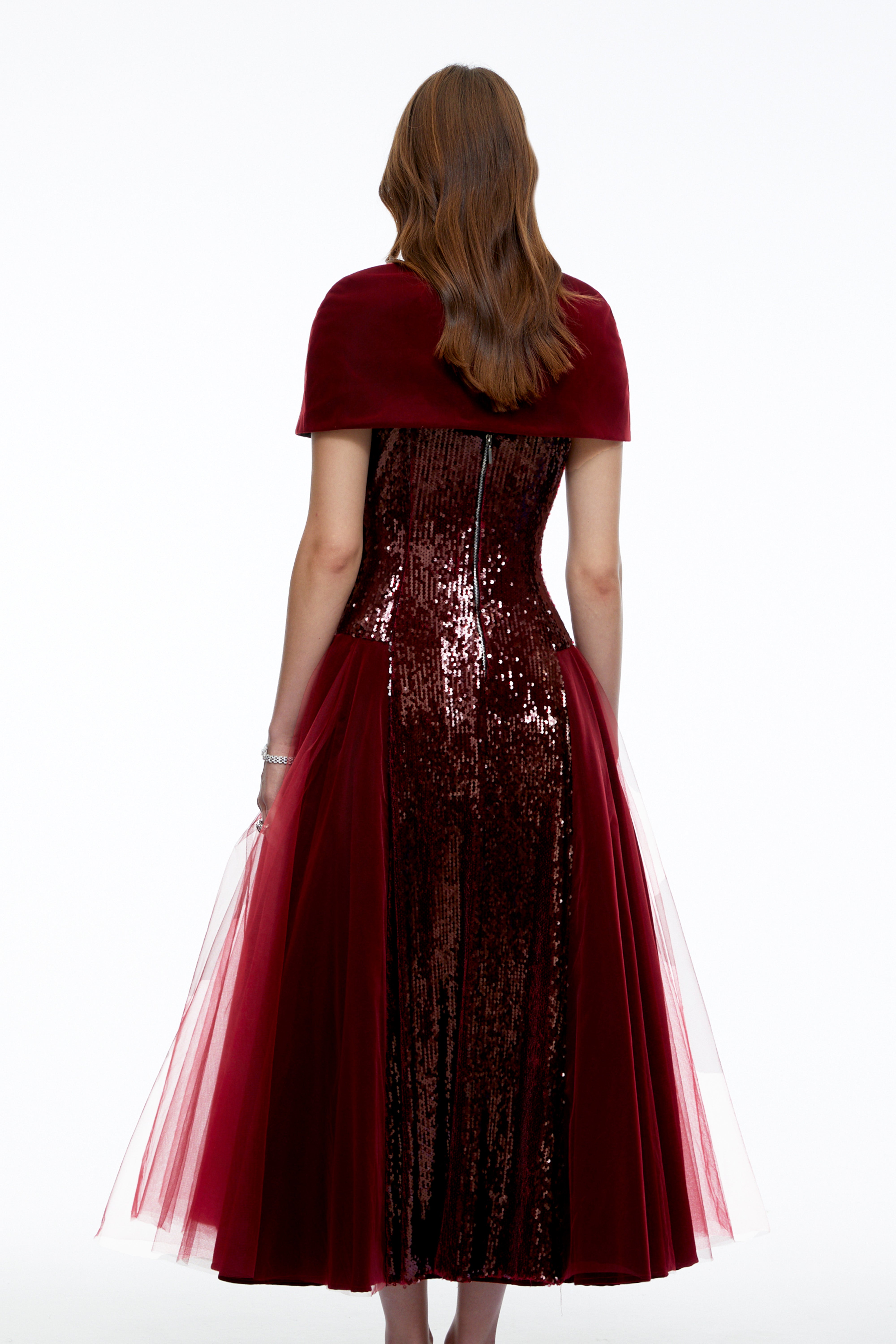 Henrietta Burgundy Sequin Maxi Dress with Cape