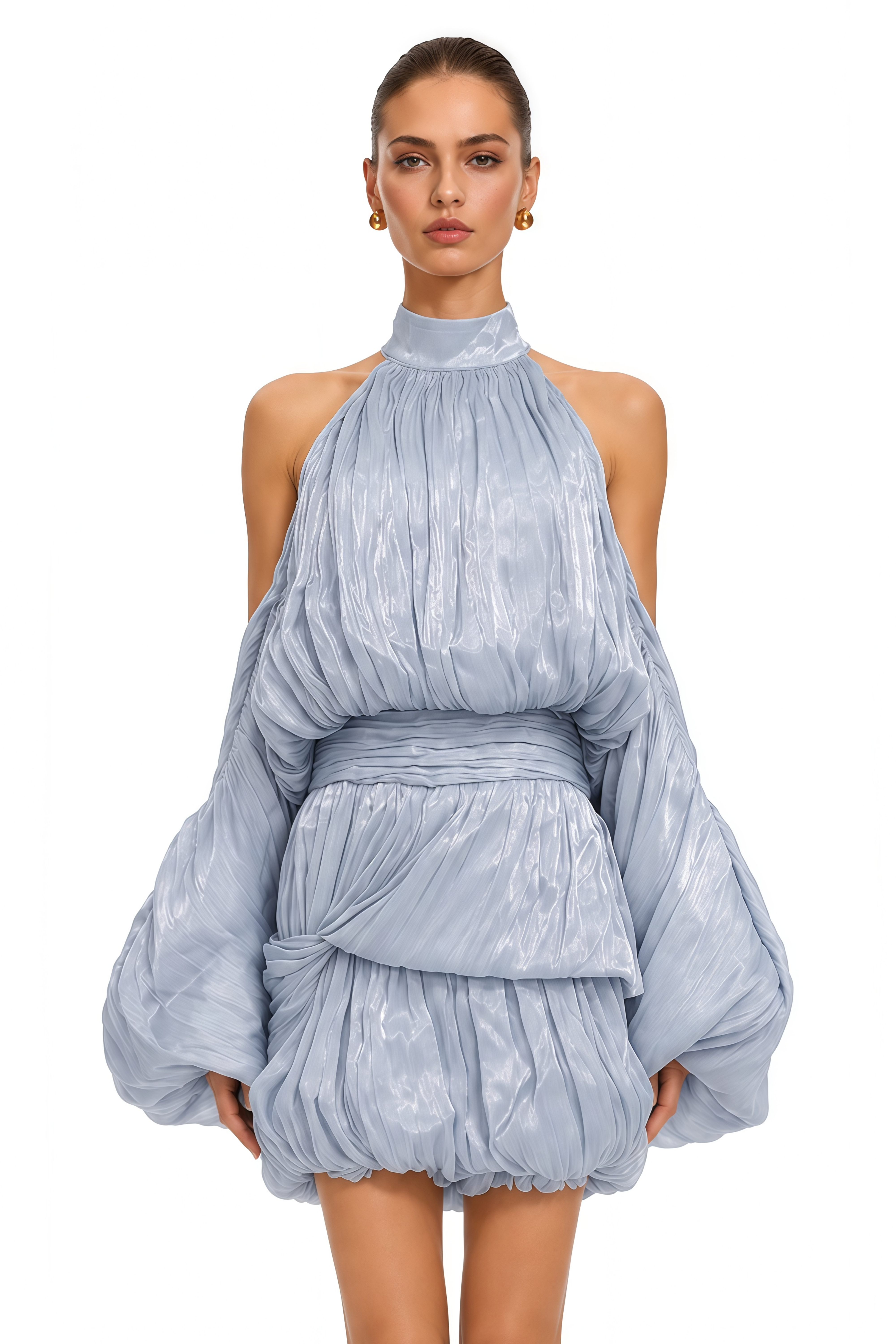 Hester Ice Blue Halterneck Draped Bubble Mini Dress