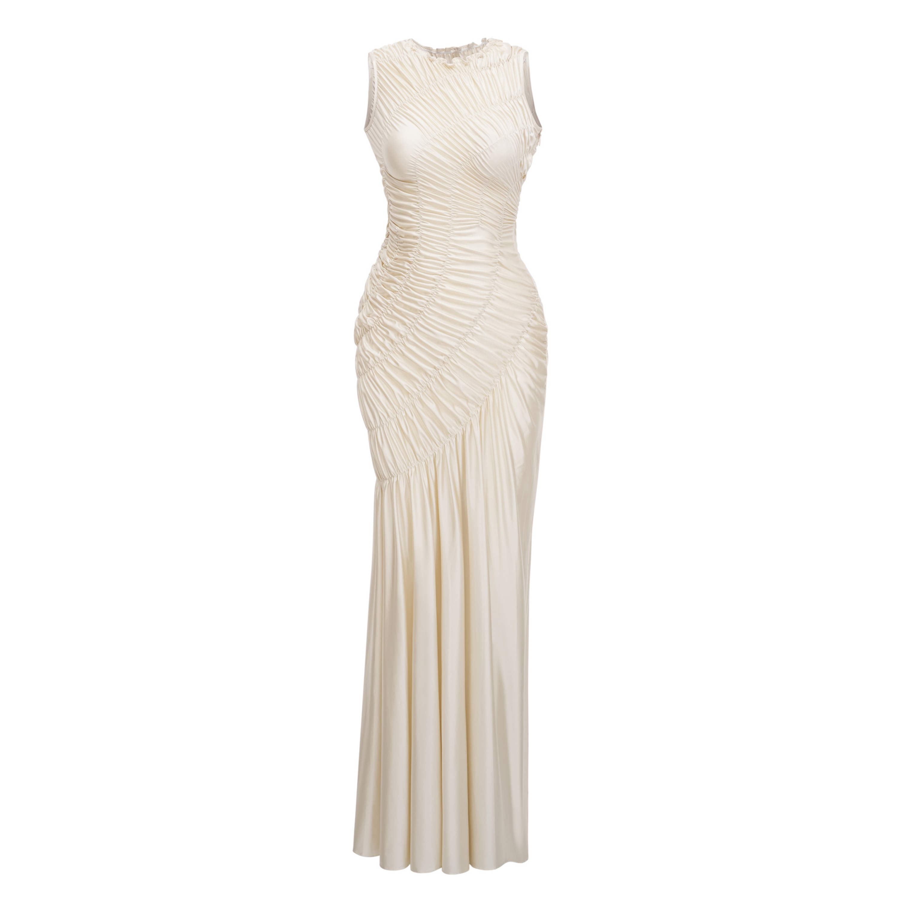 Hestia Champagne Ruched Asymmetrical Maxi Dress