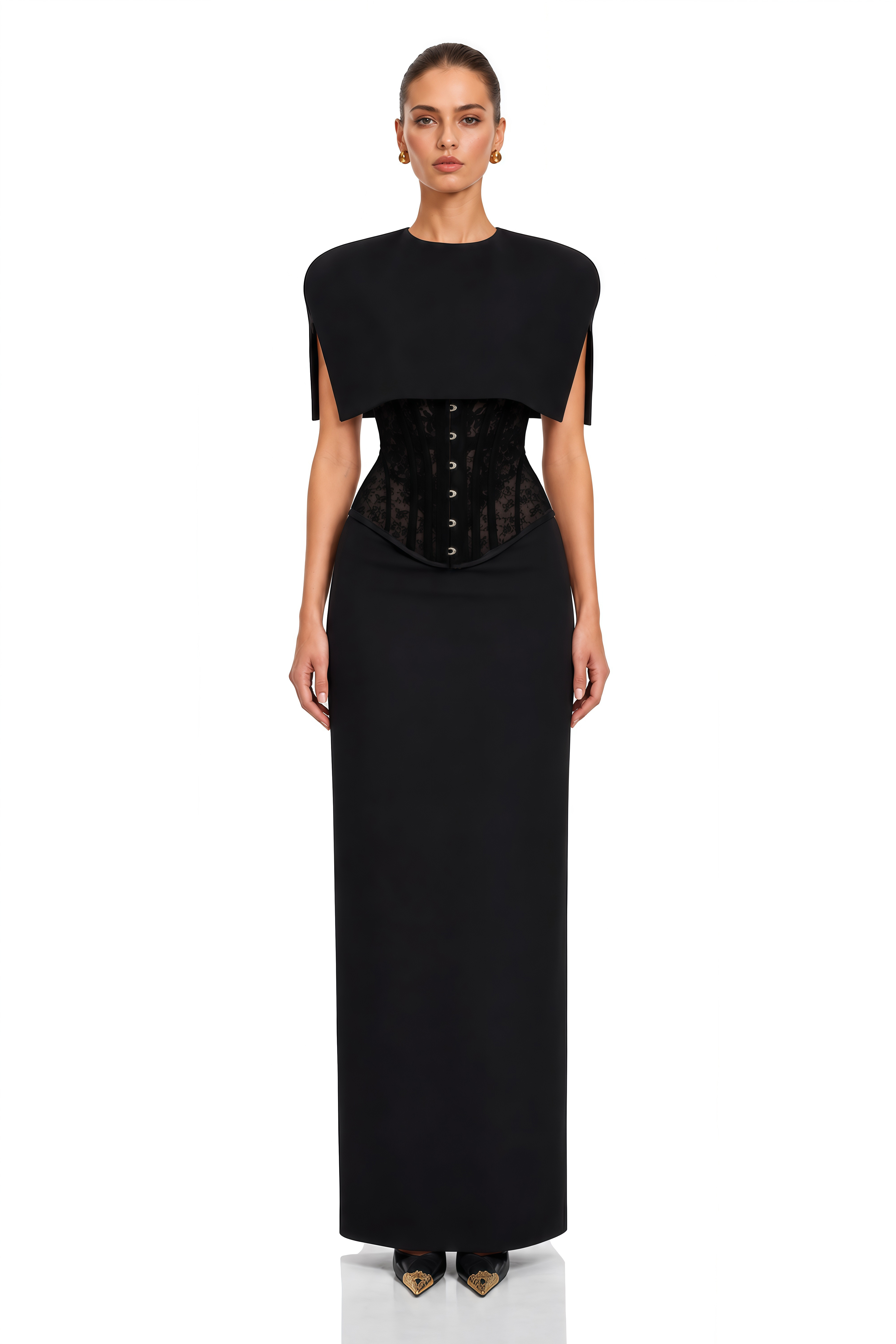 Hetty Black Lace Corset Cape & Maxi Skirt Set