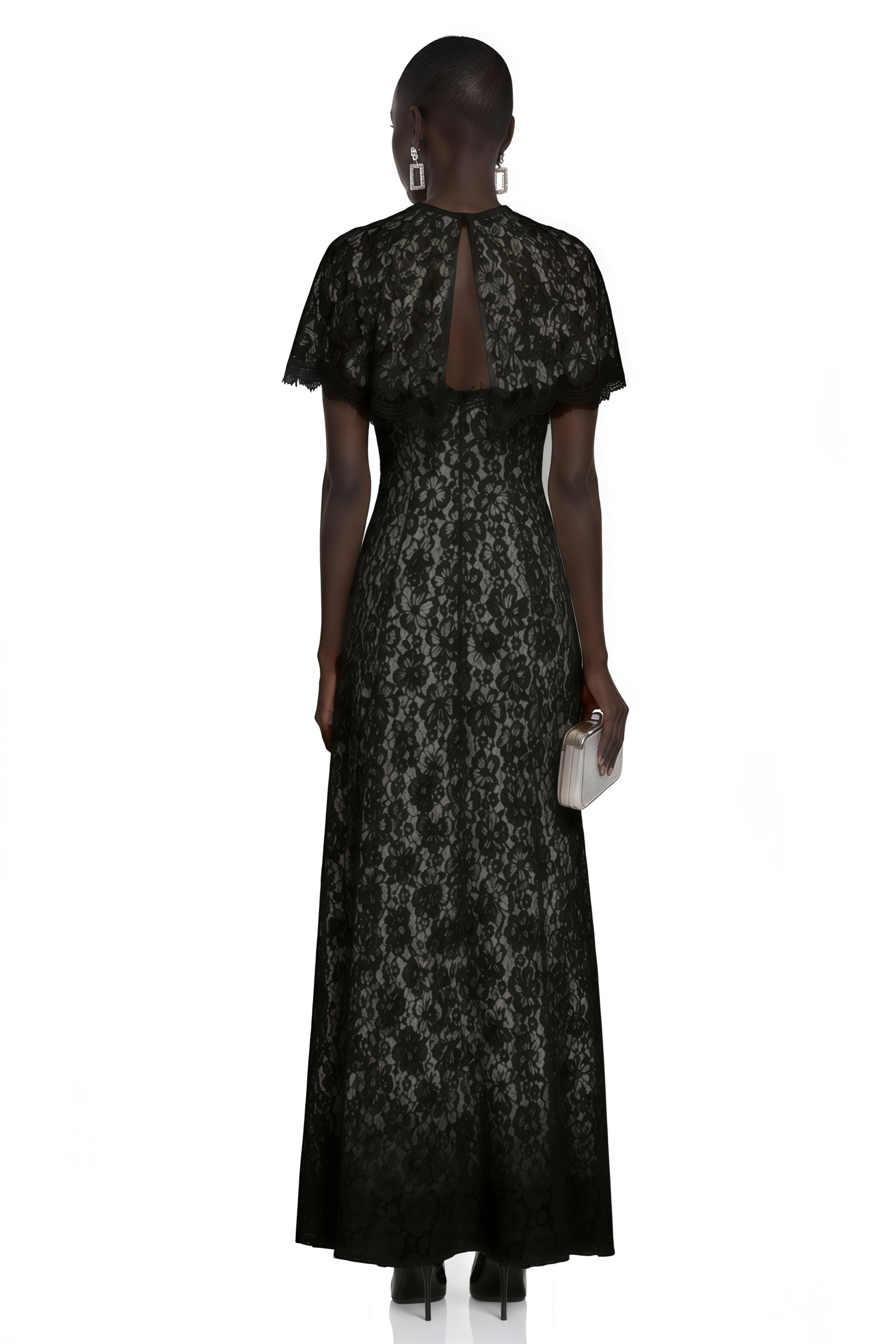 Hikawera Black Lace Maxi Dress with Cape